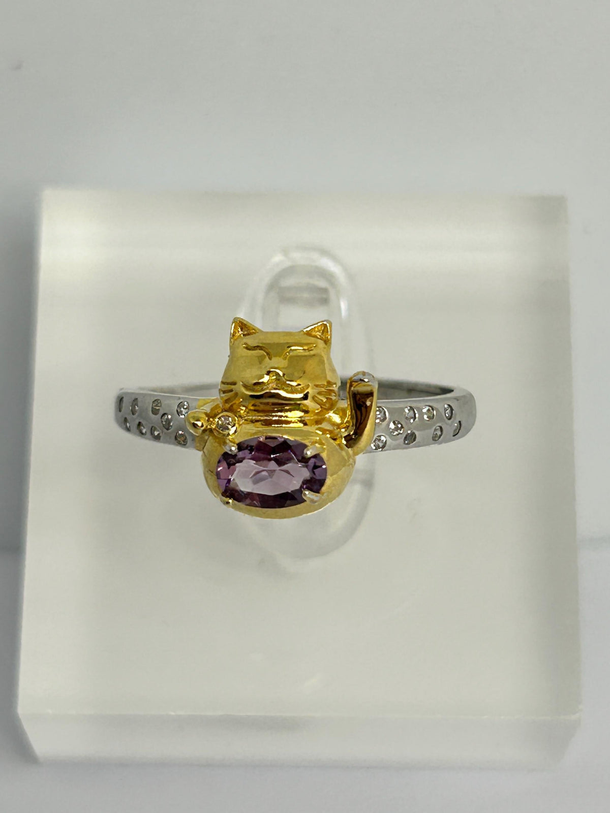 Maneki Neko Lucky Cat Ring – Sterling Silver, Amethyst, CZ Accents Celtic Dragon Jewellery