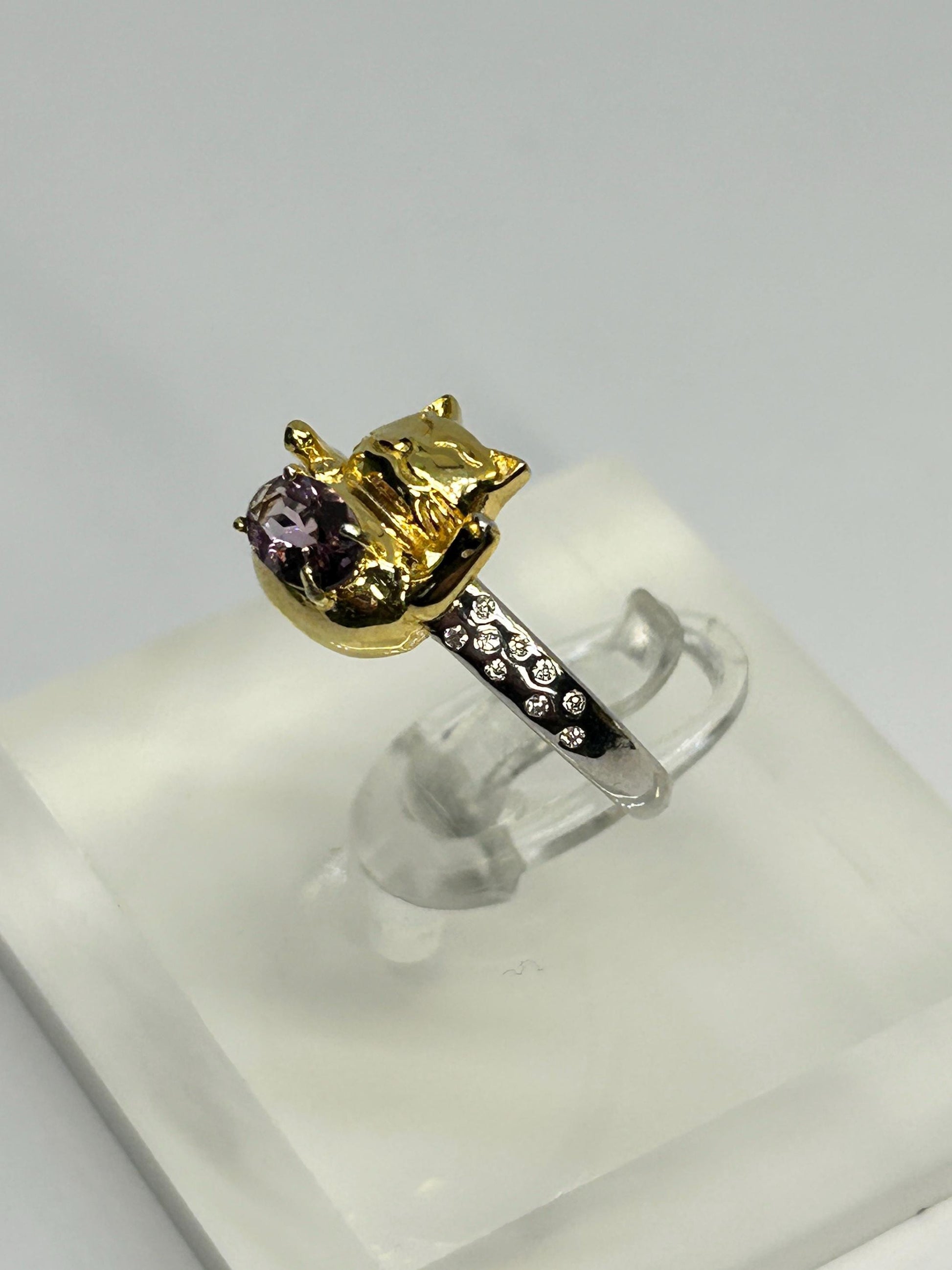 Maneki Neko Lucky Cat Ring – Sterling Silver, Amethyst, CZ Accents Celtic Dragon Jewellery
