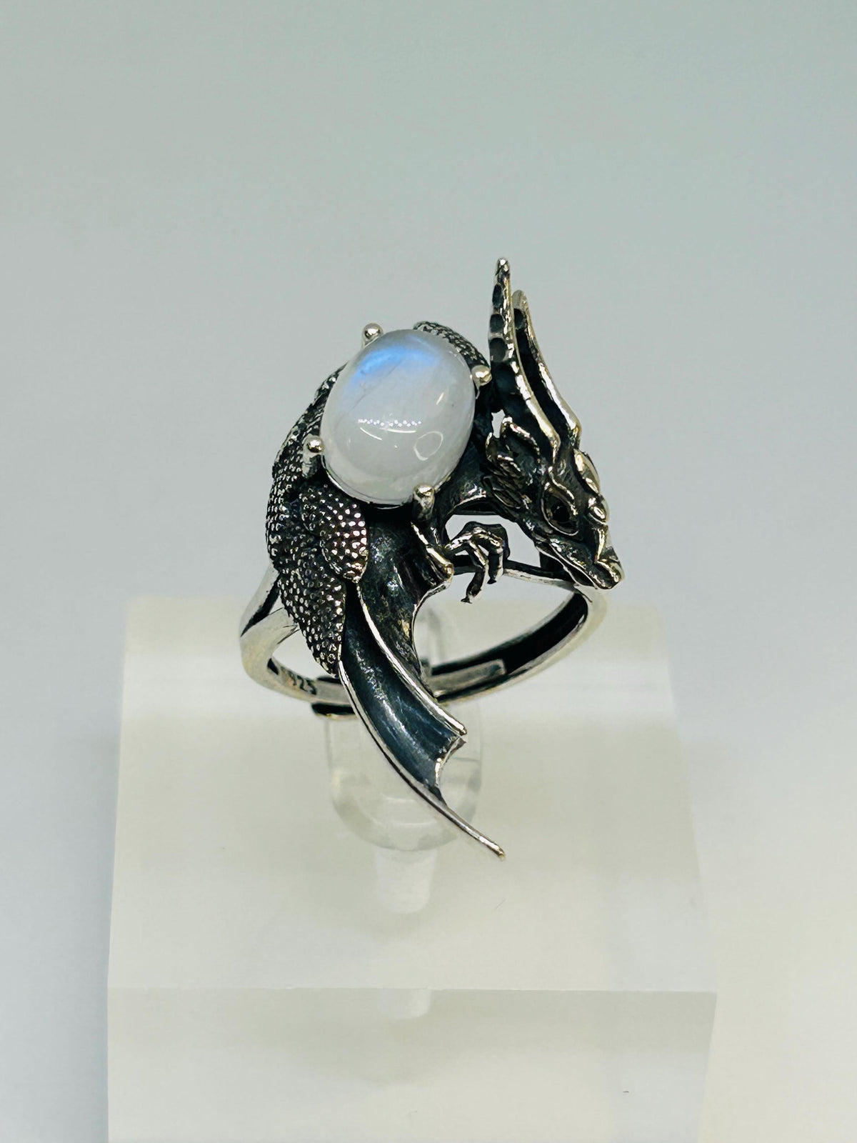 Dragon Ring with Moonstone, 925 Sterling Silver - Adjustable Gothic Statement Jewellery