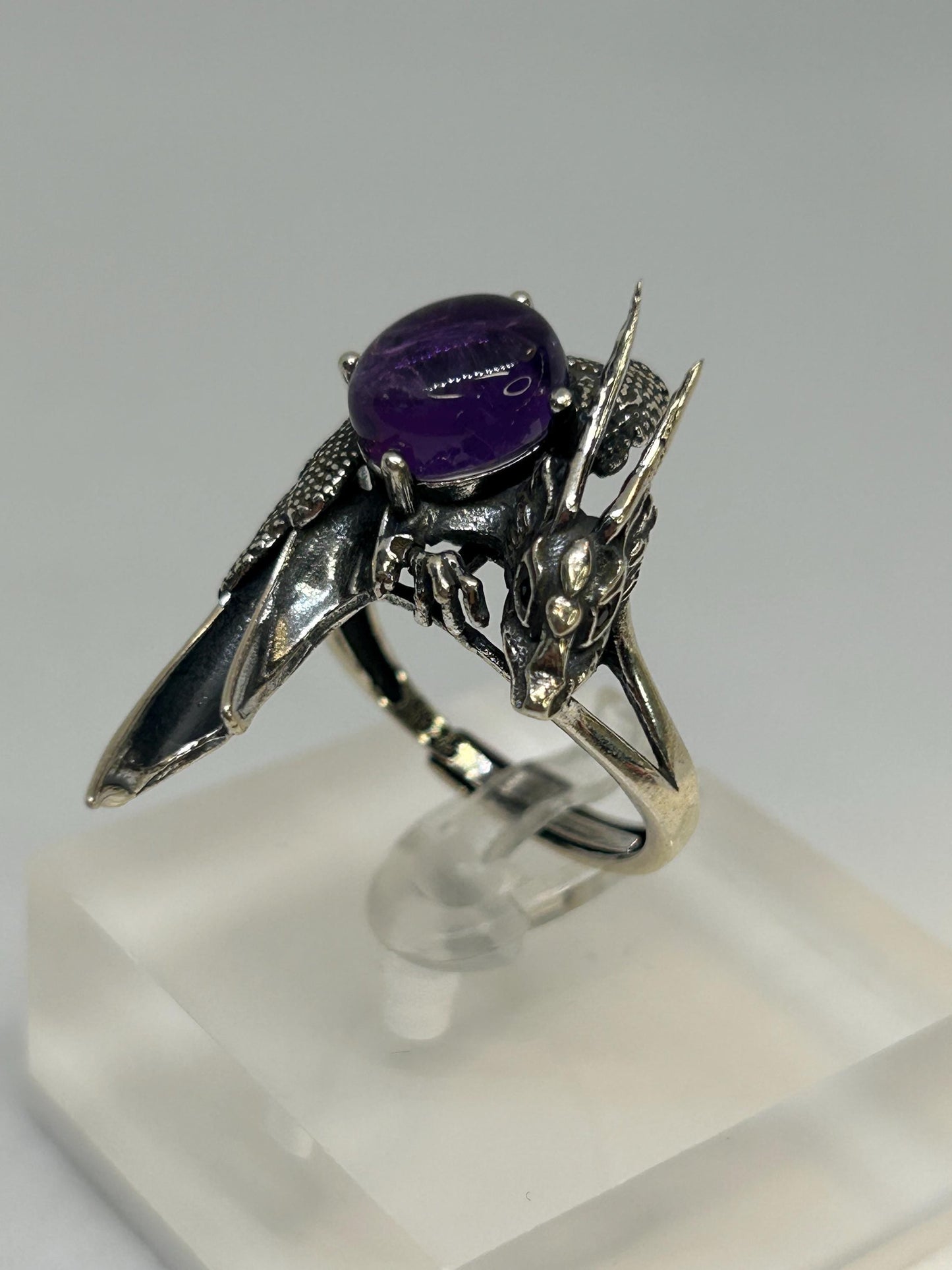Dragon Ring with Amethyst,  925 Sterling Silver - Adjustable Gothic Statement Jewellery Celtic Dragon Jewellery