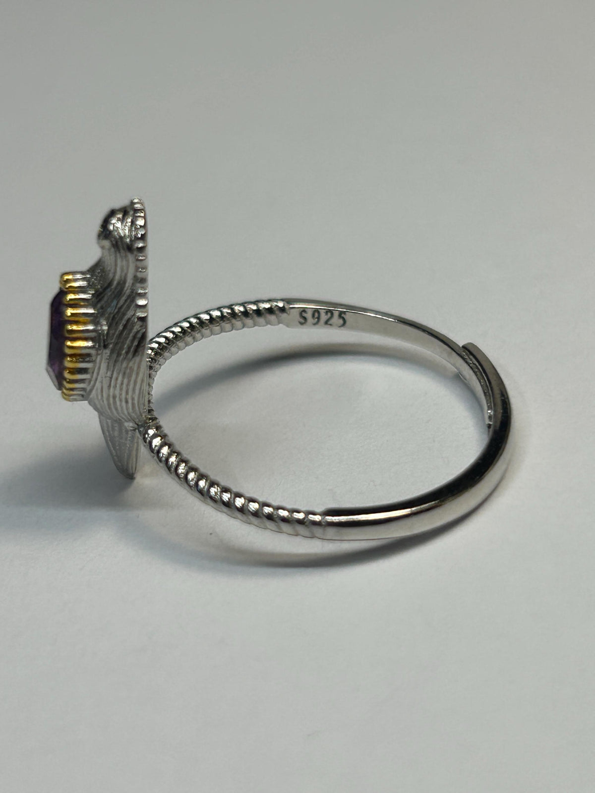 Dainty Bird Ring With Amethyst in 925 Sterling Silver & Adjustable Band
