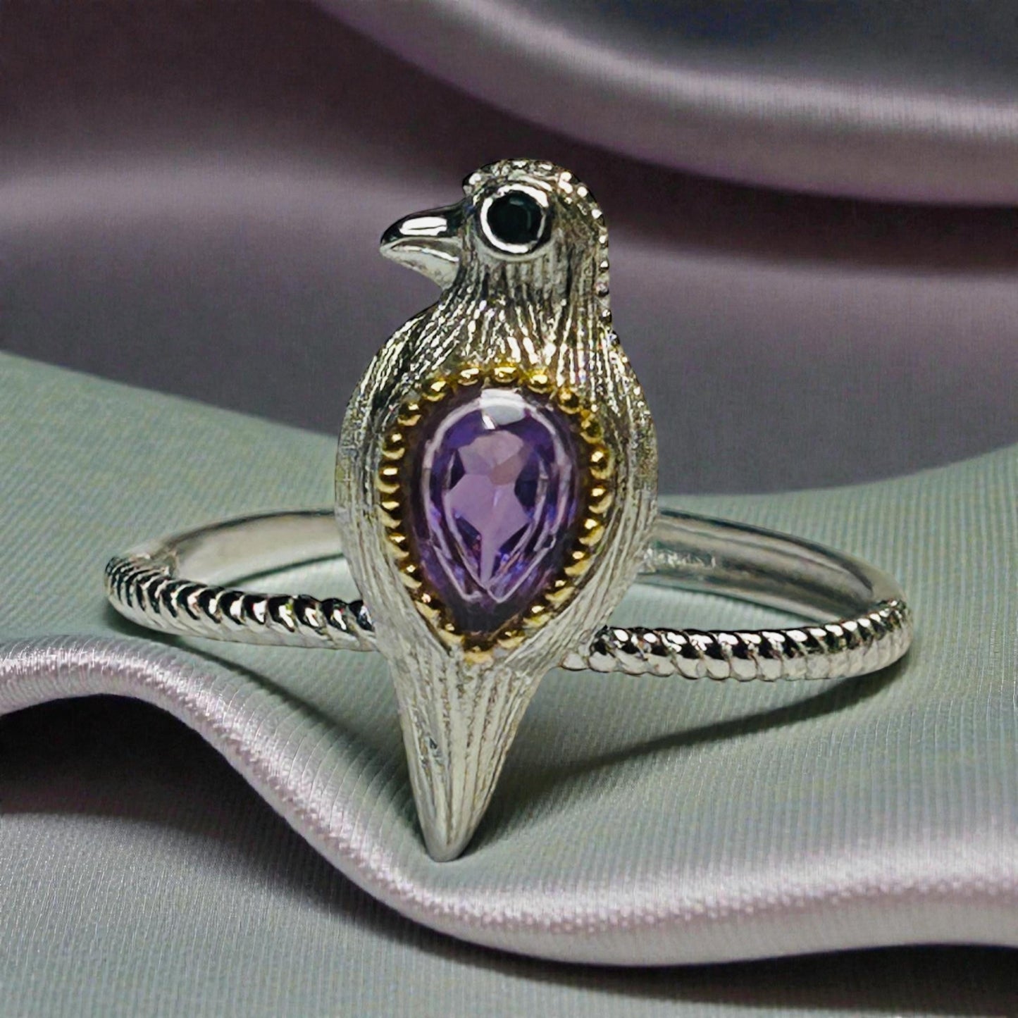 Dainty Bird Ring With Amethyst in 925 Sterling Silver & Adjustable Band Celtic Dragon Jewellery