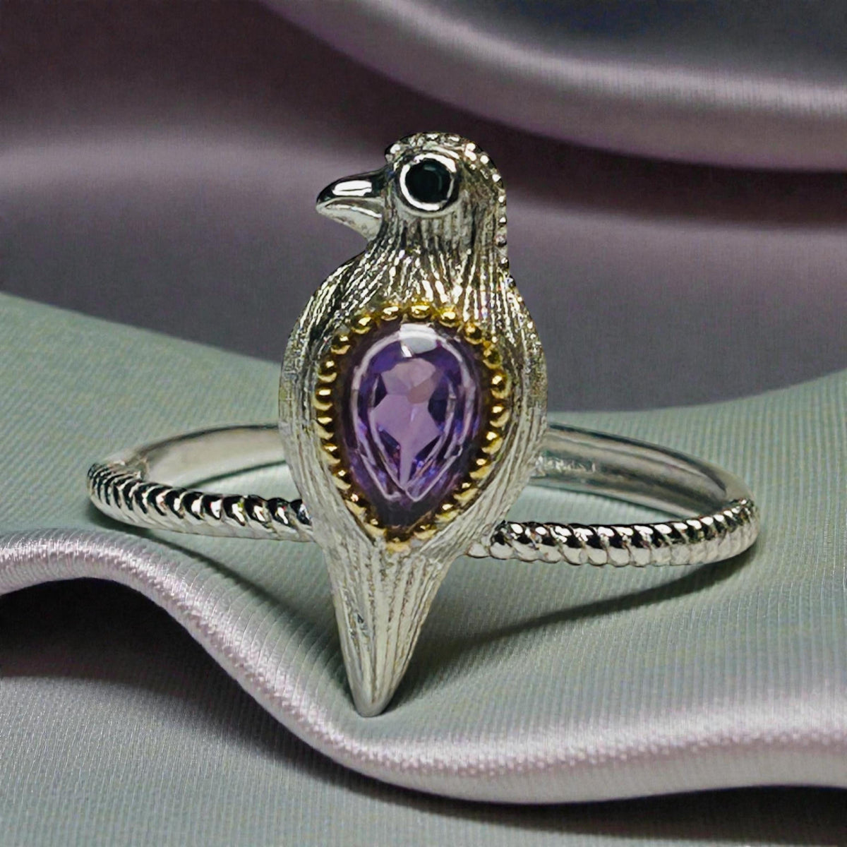 Dainty Bird Ring With Amethyst in 925 Sterling Silver & Adjustable Band Celtic Dragon Jewellery