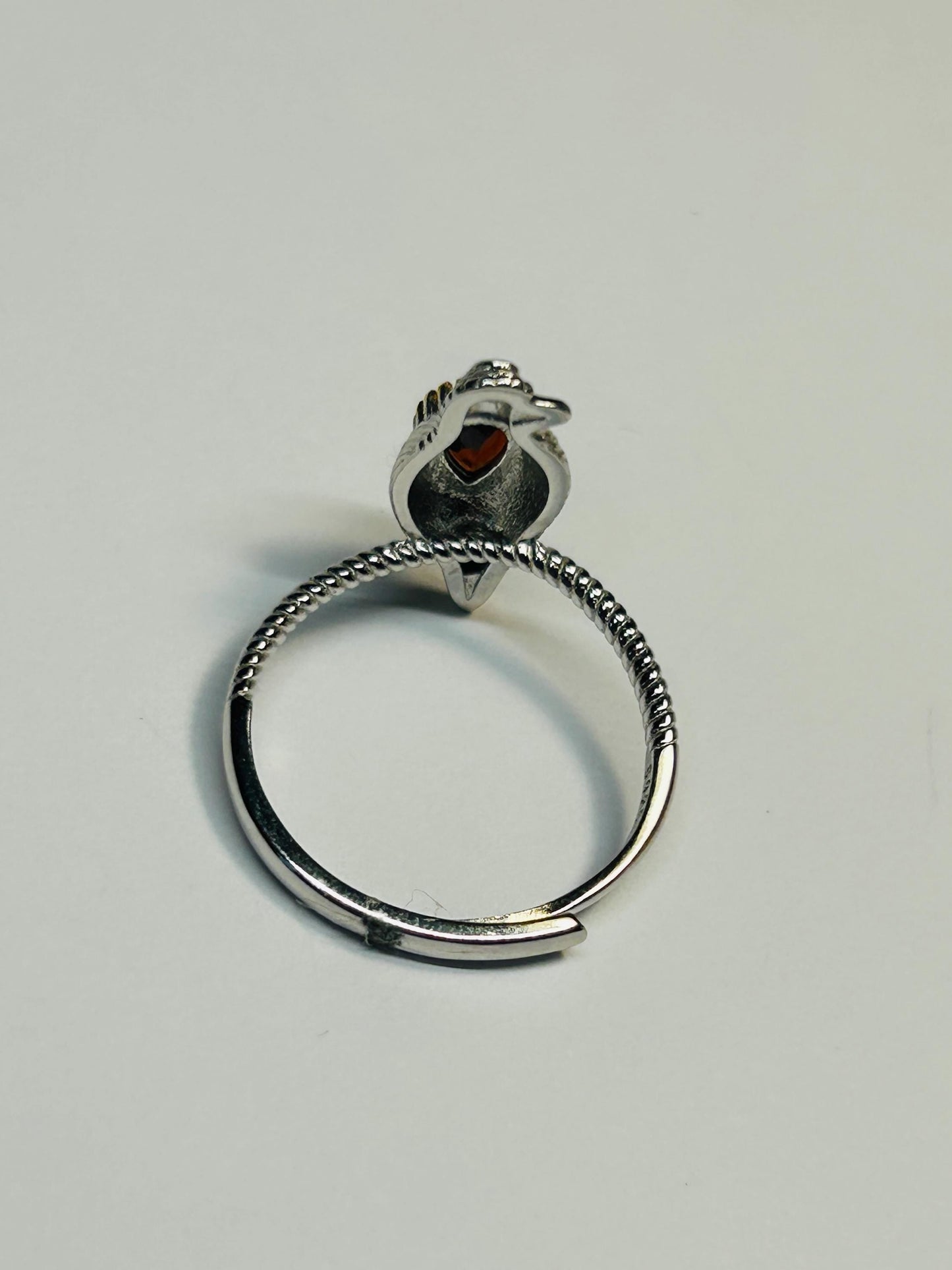 Dainty Bird Ring With Garnet in 925 Sterling Silver & Adjustable Band Celtic Dragon Jewellery