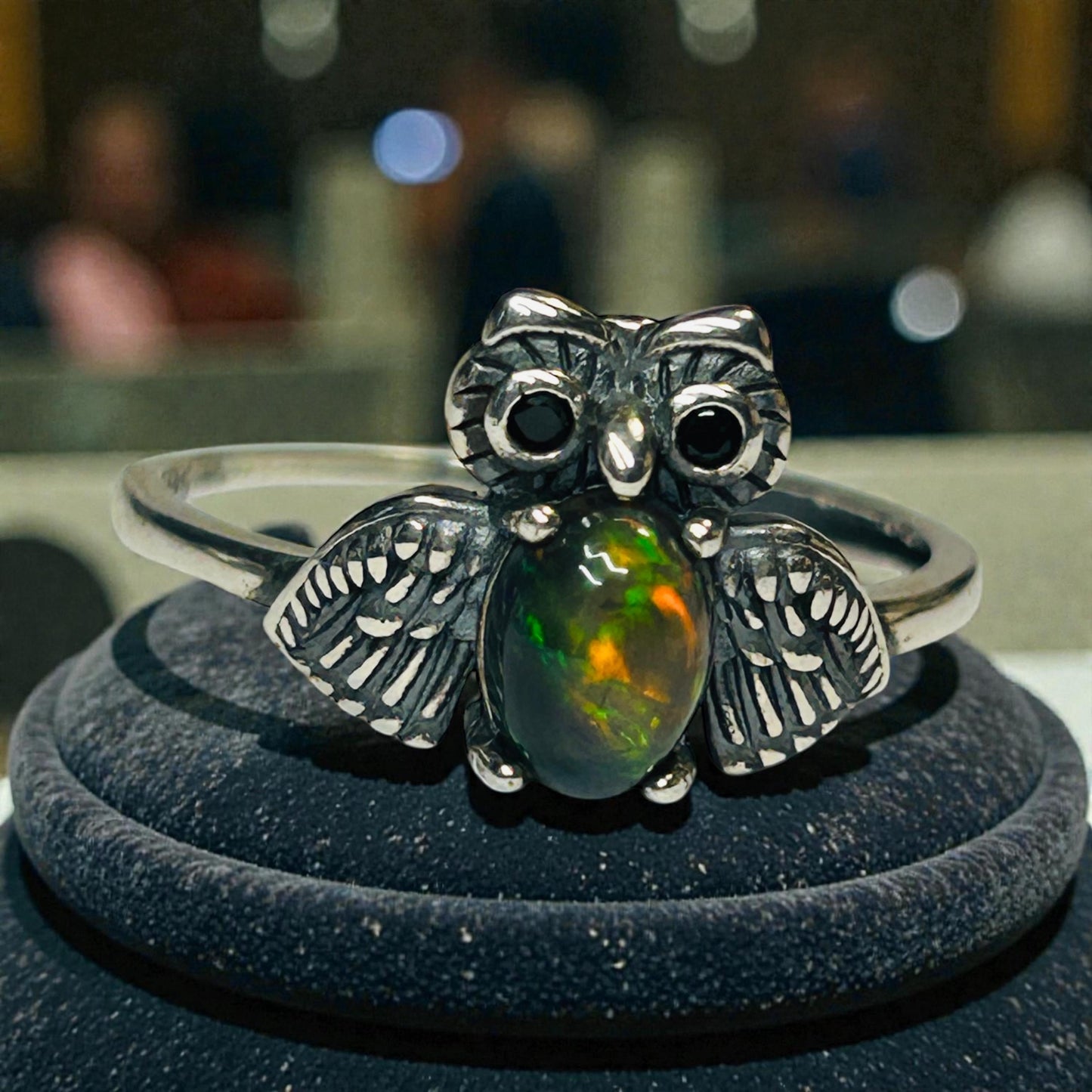 Owl Ring With Black Opal in 925 Sterling Silver & Adjustable Band Celtic Dragon Jewellery