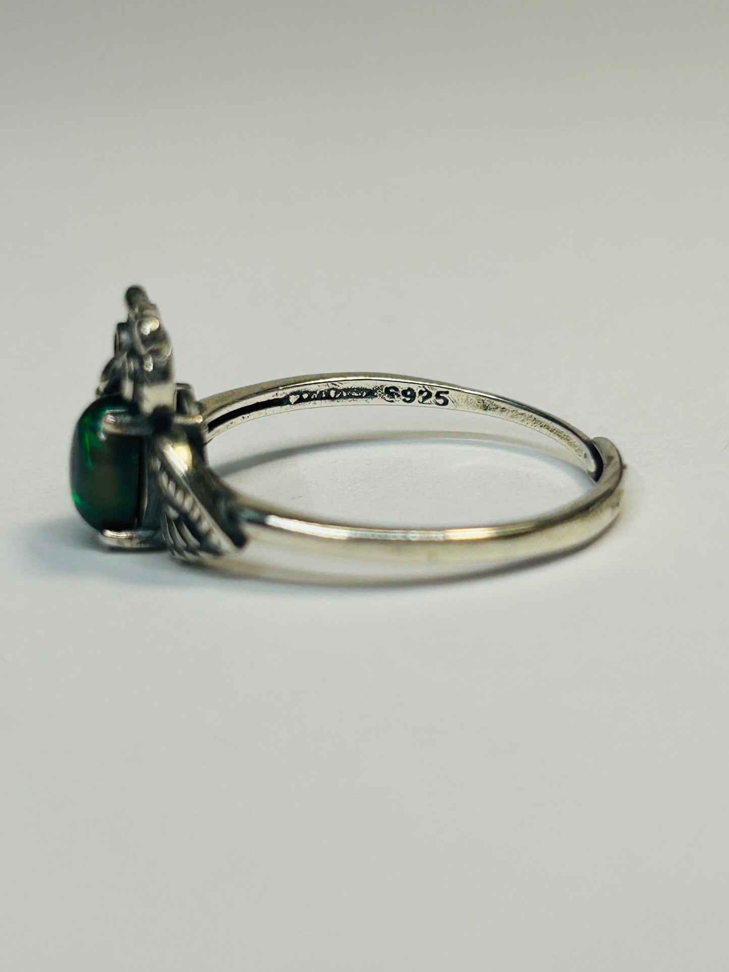 Owl Ring With Black Opal in 925 Sterling Silver & Adjustable Band Celtic Dragon Jewellery
