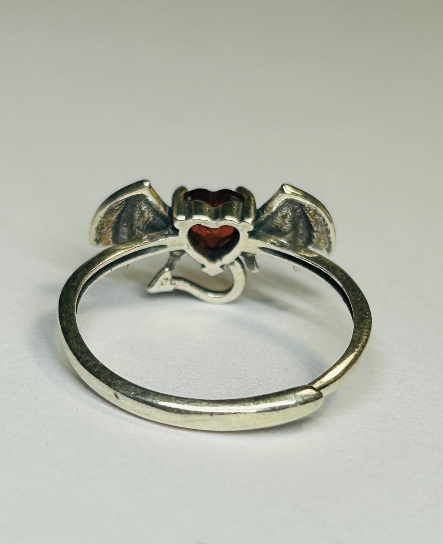 Bat Ring with Red Garnet Heart in 925 Sterling Silver & Adjustable Band