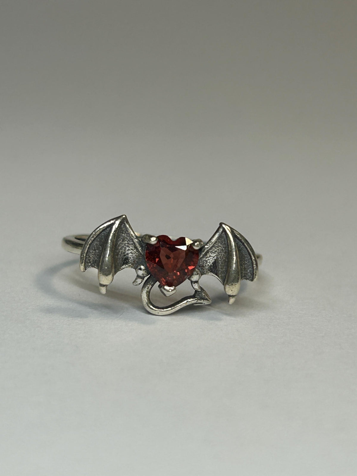 Bat Ring with Red Garnet Heart in 925 Sterling Silver & Adjustable Band