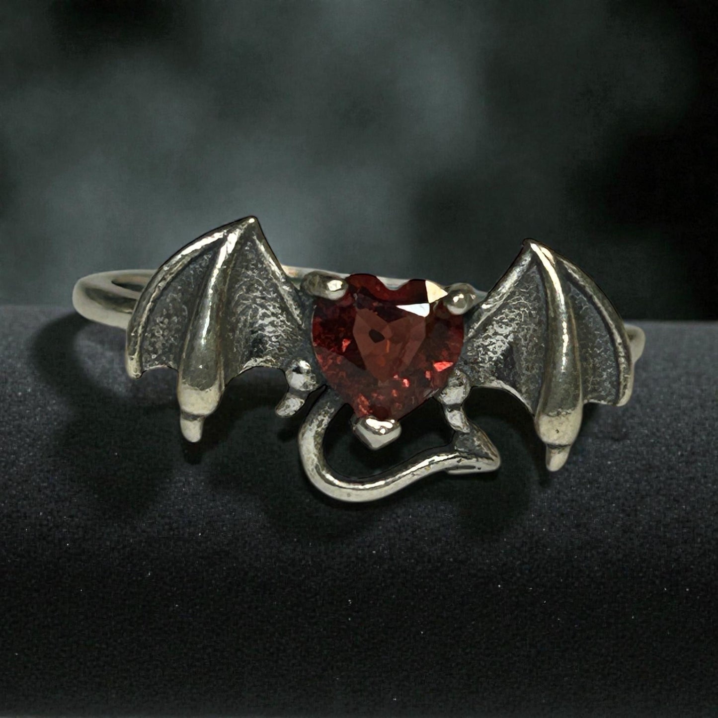 Bat Ring with Red Garnet Heart in 925 Sterling Silver & Adjustable Band