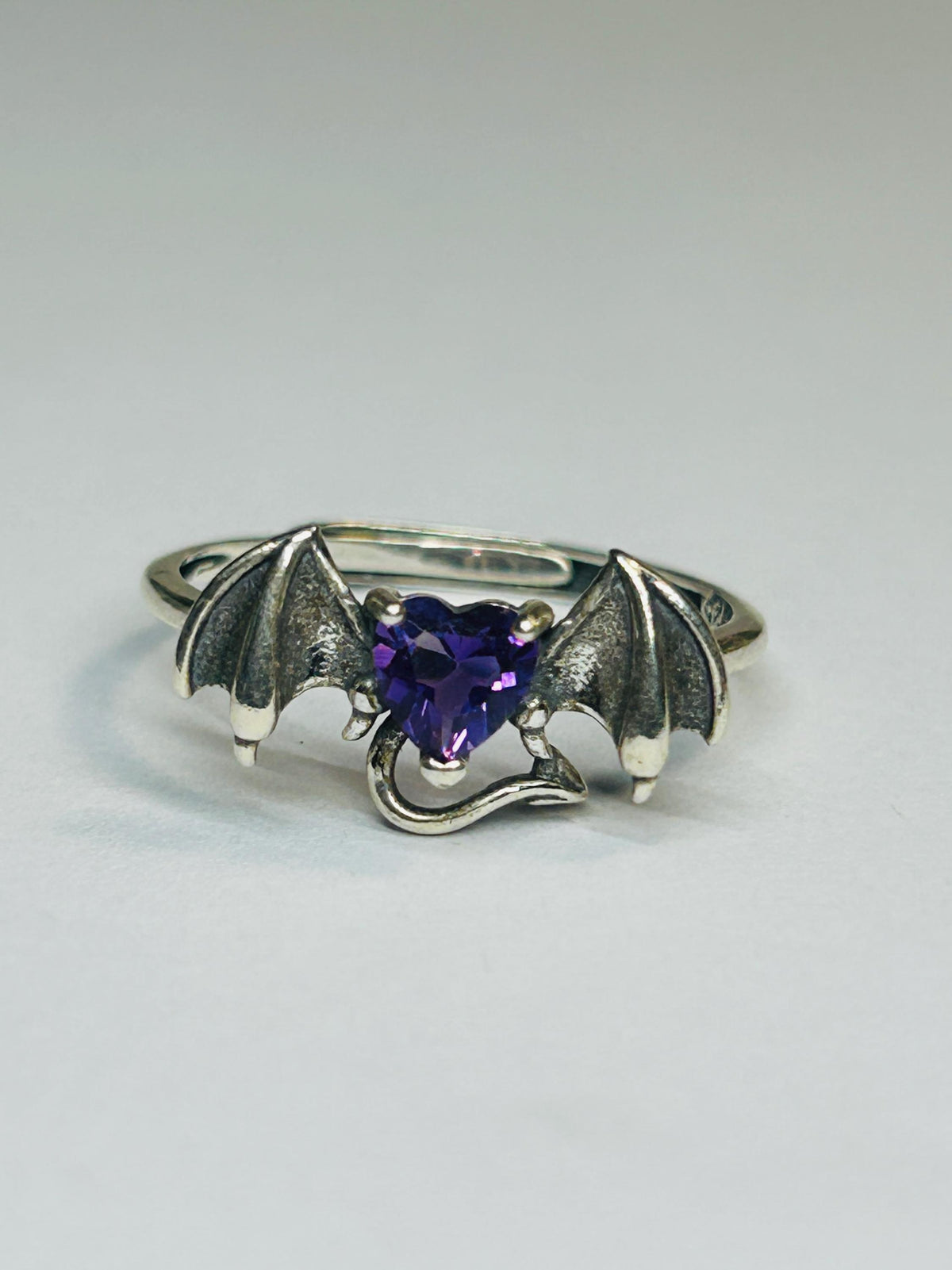 Bat Ring with Amethyst Heart in 925 Sterling Silver & Adjustable Band