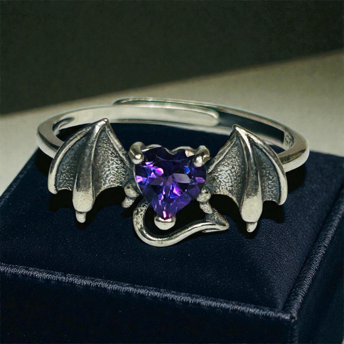 Bat Ring with Amethyst Heart in 925 Sterling Silver & Adjustable Band