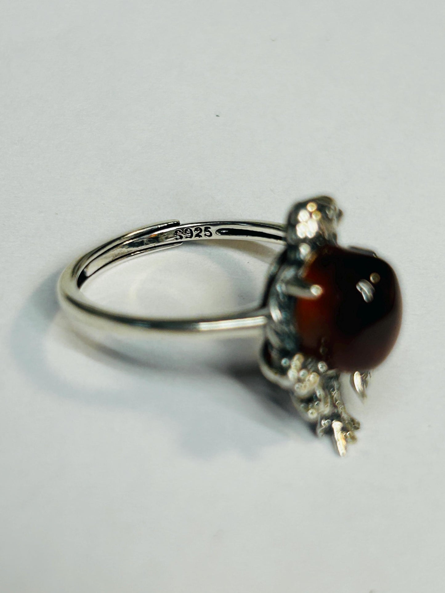 Bird Ring with Garnet, 925 Sterling Silver, Adjustable Band