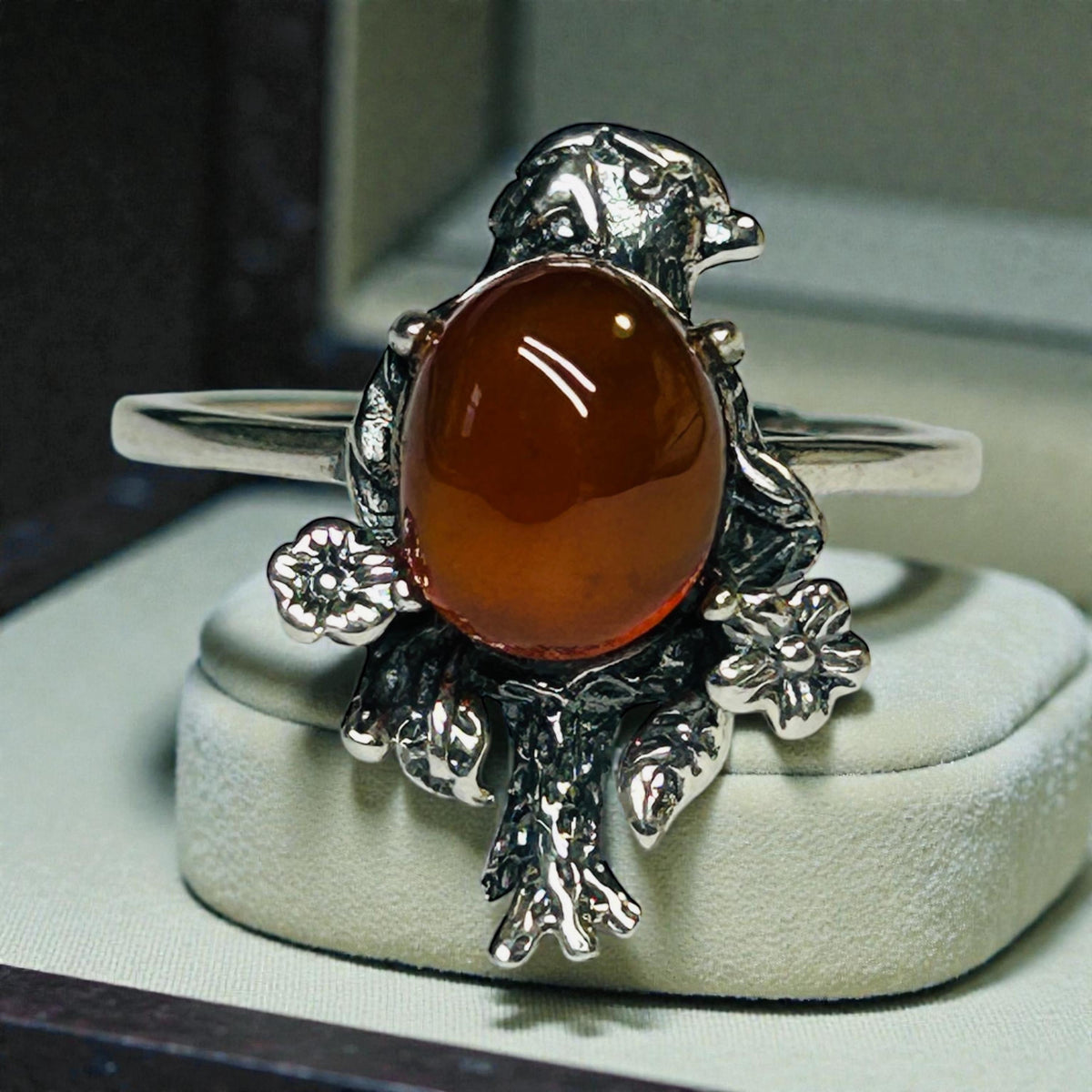 Bird Ring with Garnet, 925 Sterling Silver, Adjustable Band