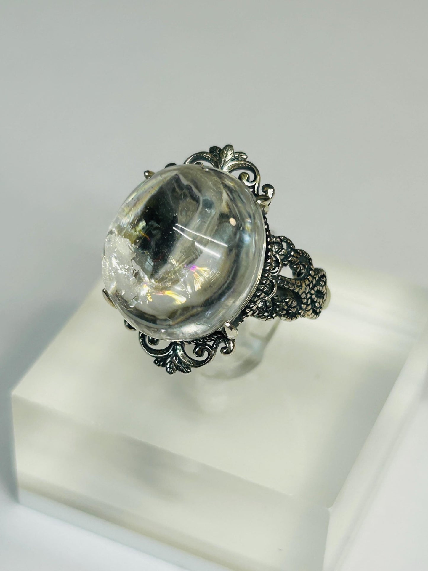 Rainbow Clear Quartz Ring with Fleur-de-Lis Style Setting - 925 Sterling Silver & Adjustable Band Celtic Dragon Jewellery