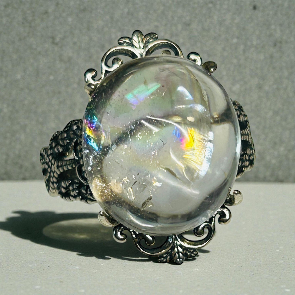 Rainbow Clear Quartz Ring with Fleur-de-Lis Style Setting - 925 Sterling Silver & Adjustable Band Celtic Dragon Jewellery