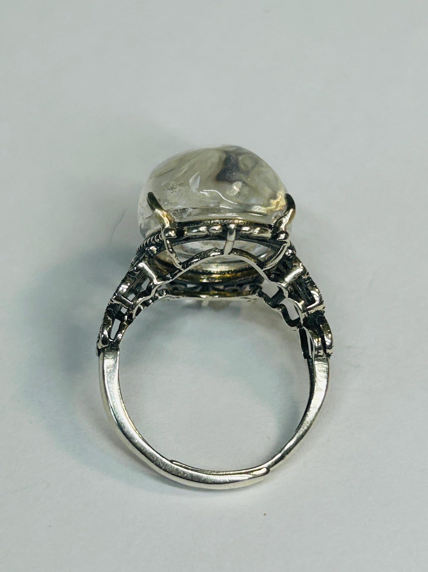 Rainbow Clear Quartz Ring with Fleur-de-Lis Style Setting - 925 Sterling Silver & Adjustable Band Celtic Dragon Jewellery