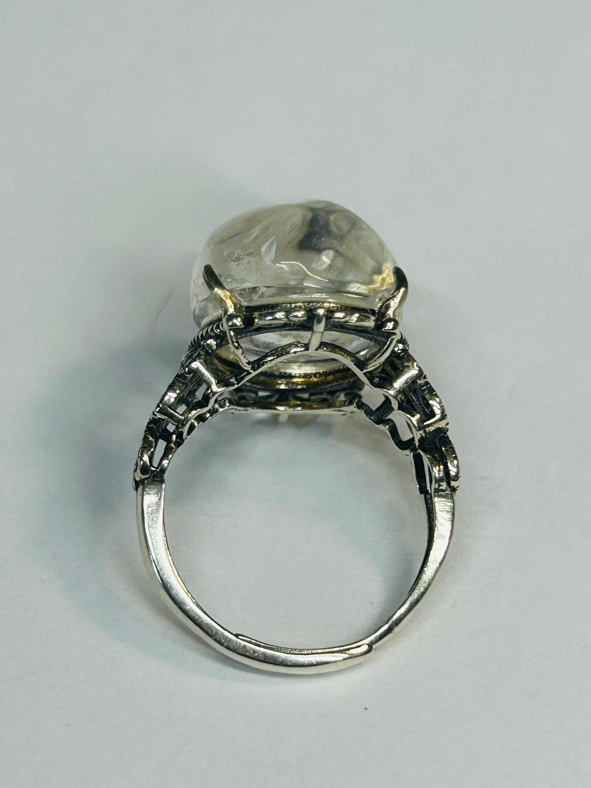 Rainbow Clear Quartz Ring with Fleur-de-Lis Style Setting - 925 Sterling Silver & Adjustable Band Celtic Dragon Jewellery