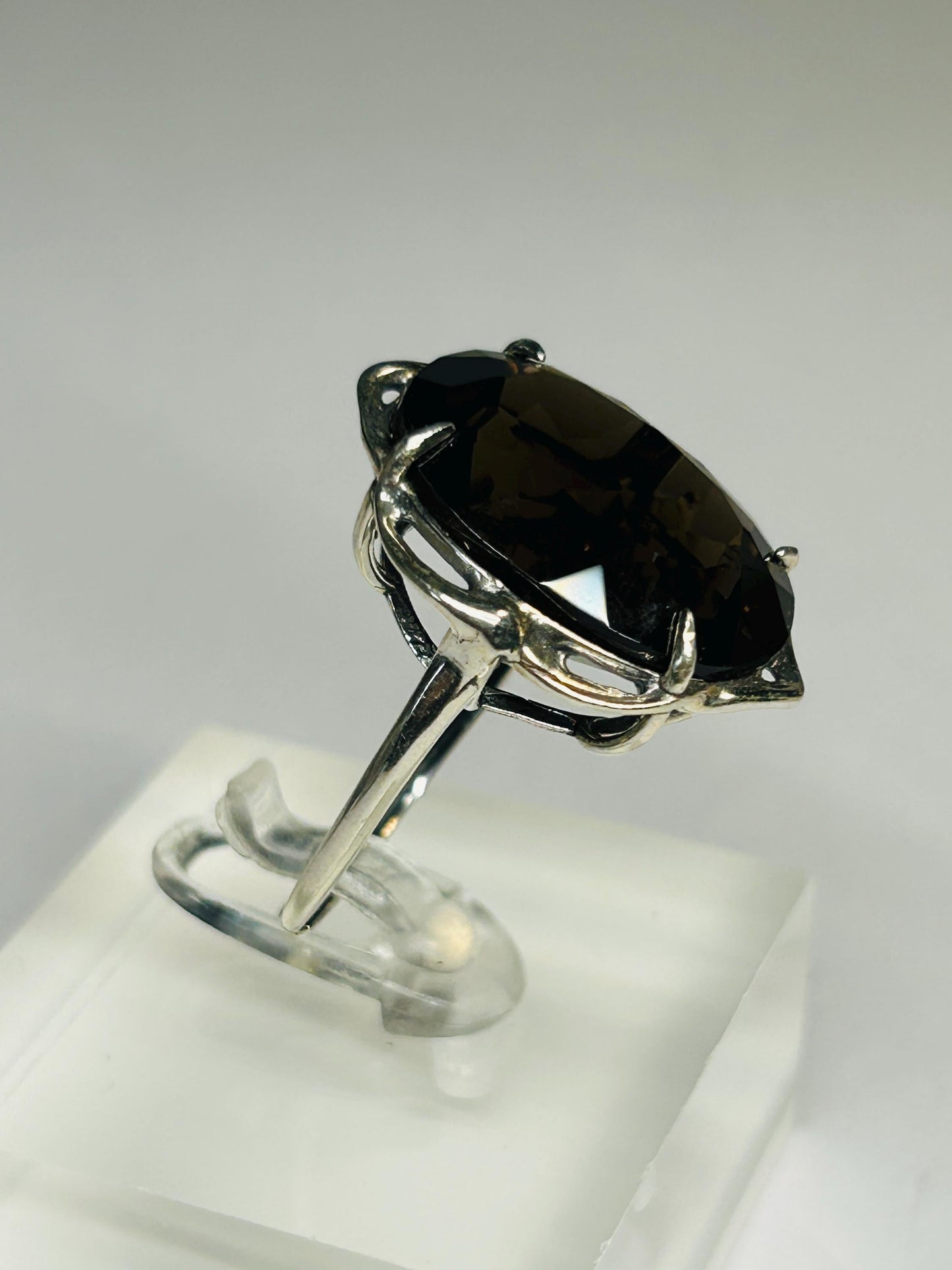 Smoky Quartz Statement Ring with Large Faceted Oval in 925 Sterling Silver & Adjustable Band Celtic Dragon Jewellery