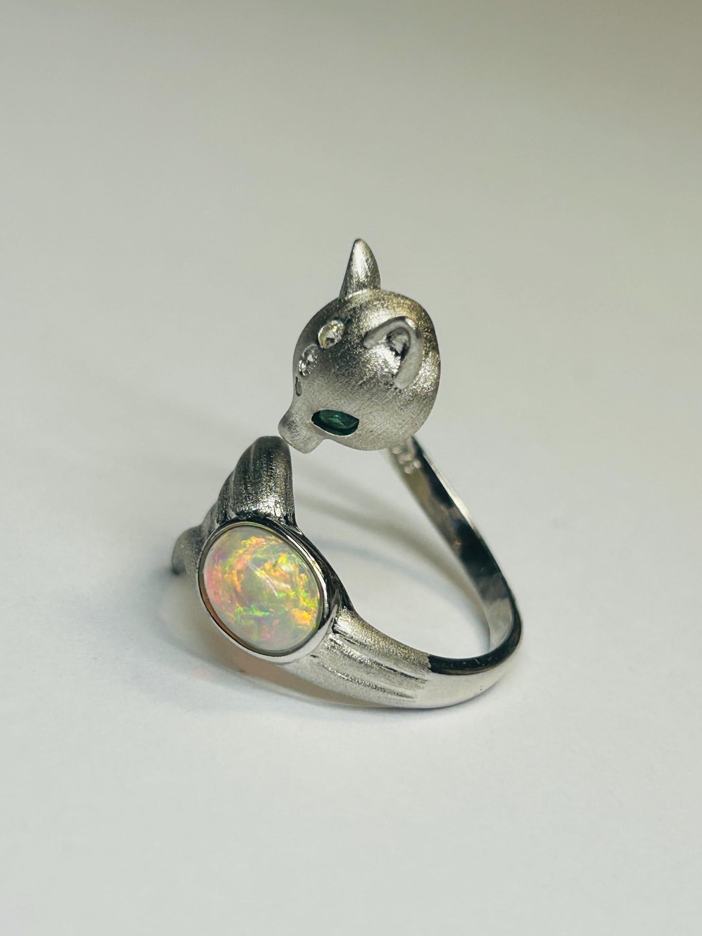 Fox Ring with Opal Cabochon in 925 Burnished Sterling Silver & Adjustable Band