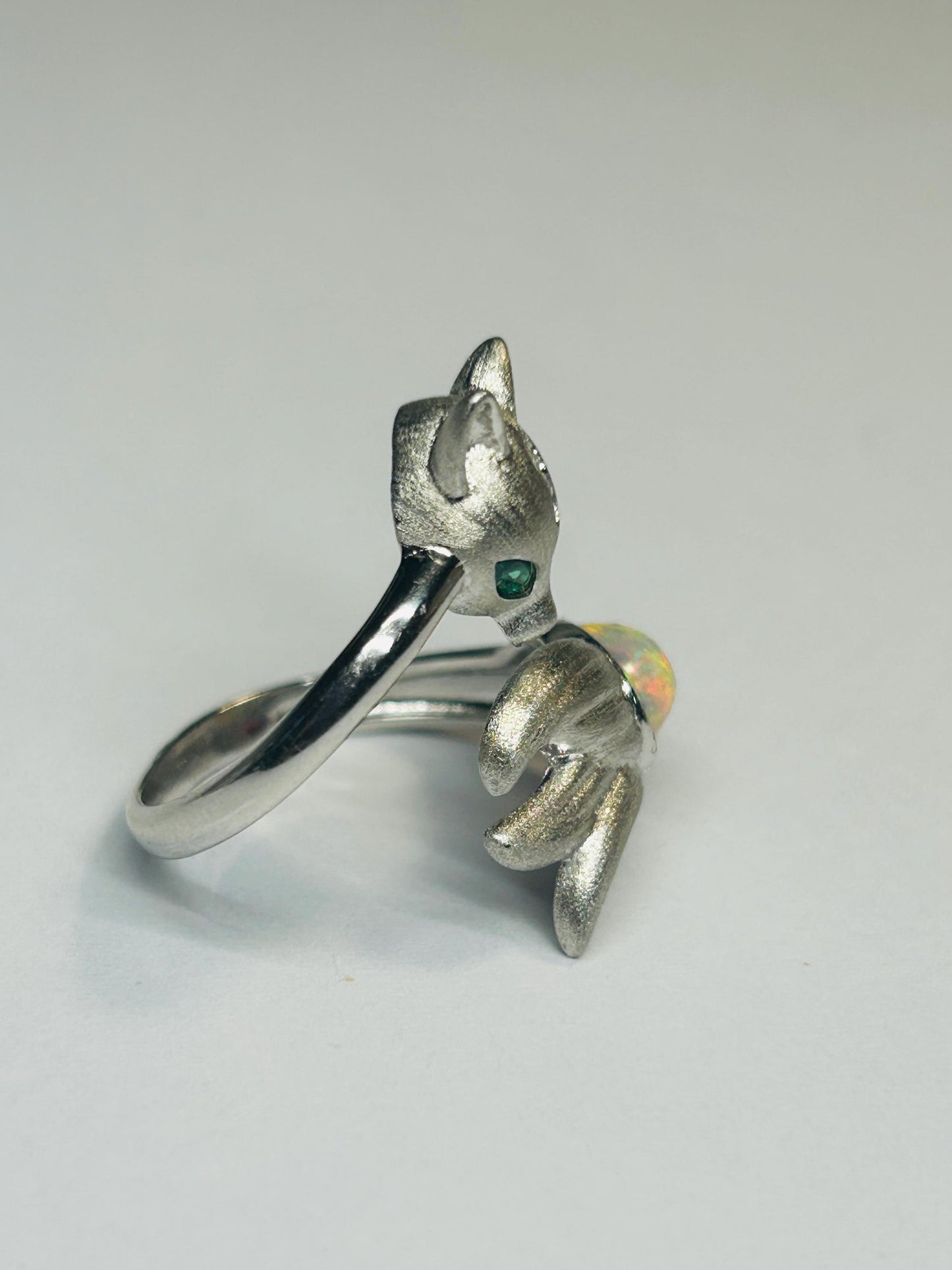 Fox Ring with Opal Cabochon in 925 Burnished Sterling Silver & Adjustable Band