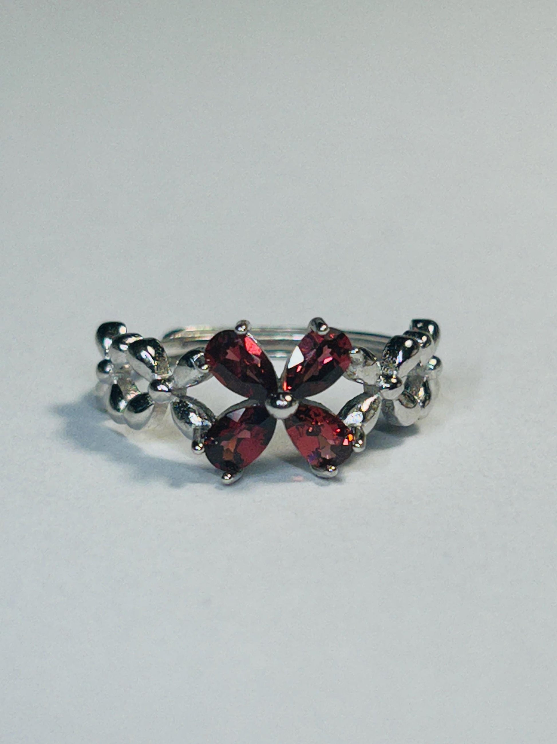 Garnet Flower Ring in 925 Sterling Silver with Adjustable Band Celtic Dragon Jewellery