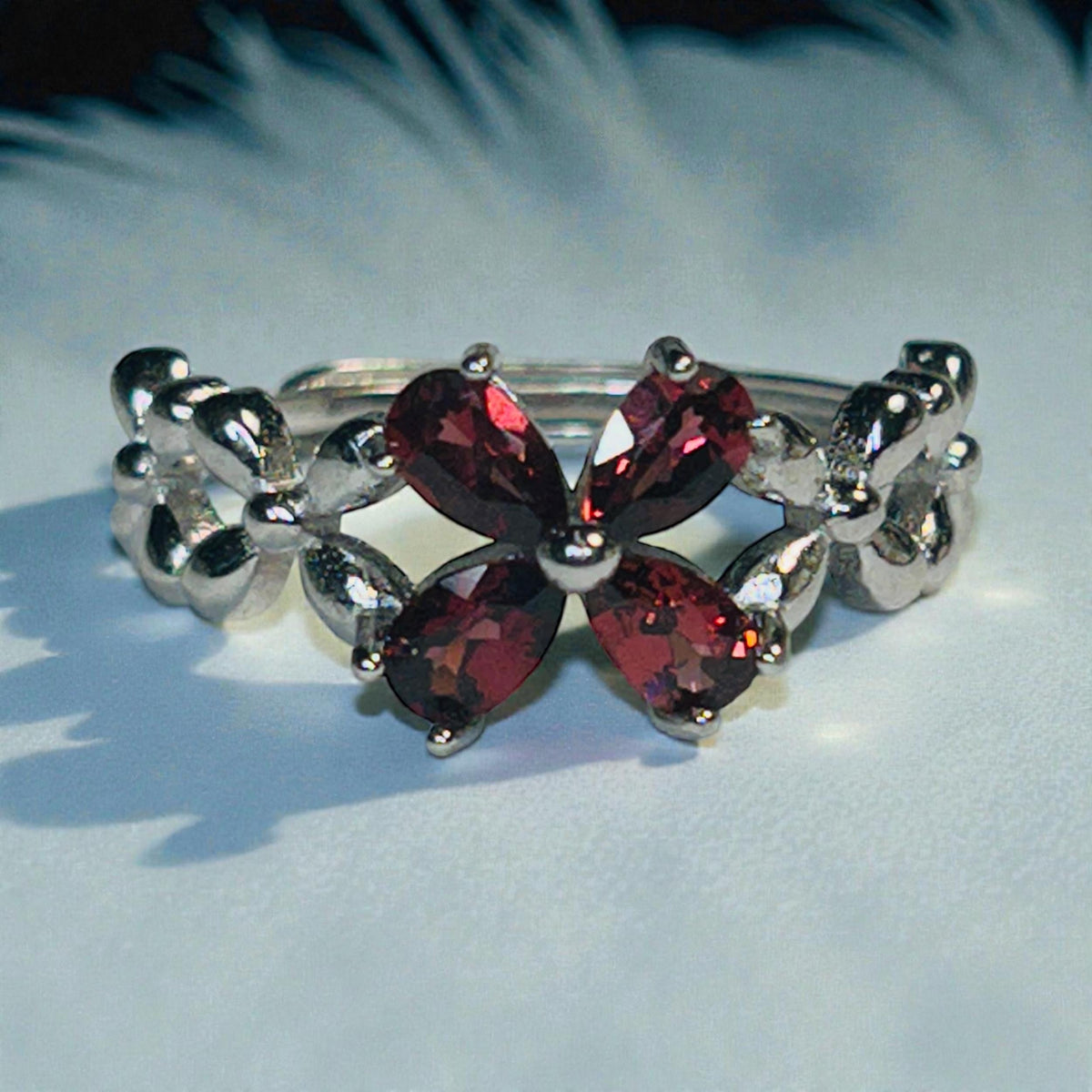Garnet Flower Ring in 925 Sterling Silver with Adjustable Band Celtic Dragon Jewellery