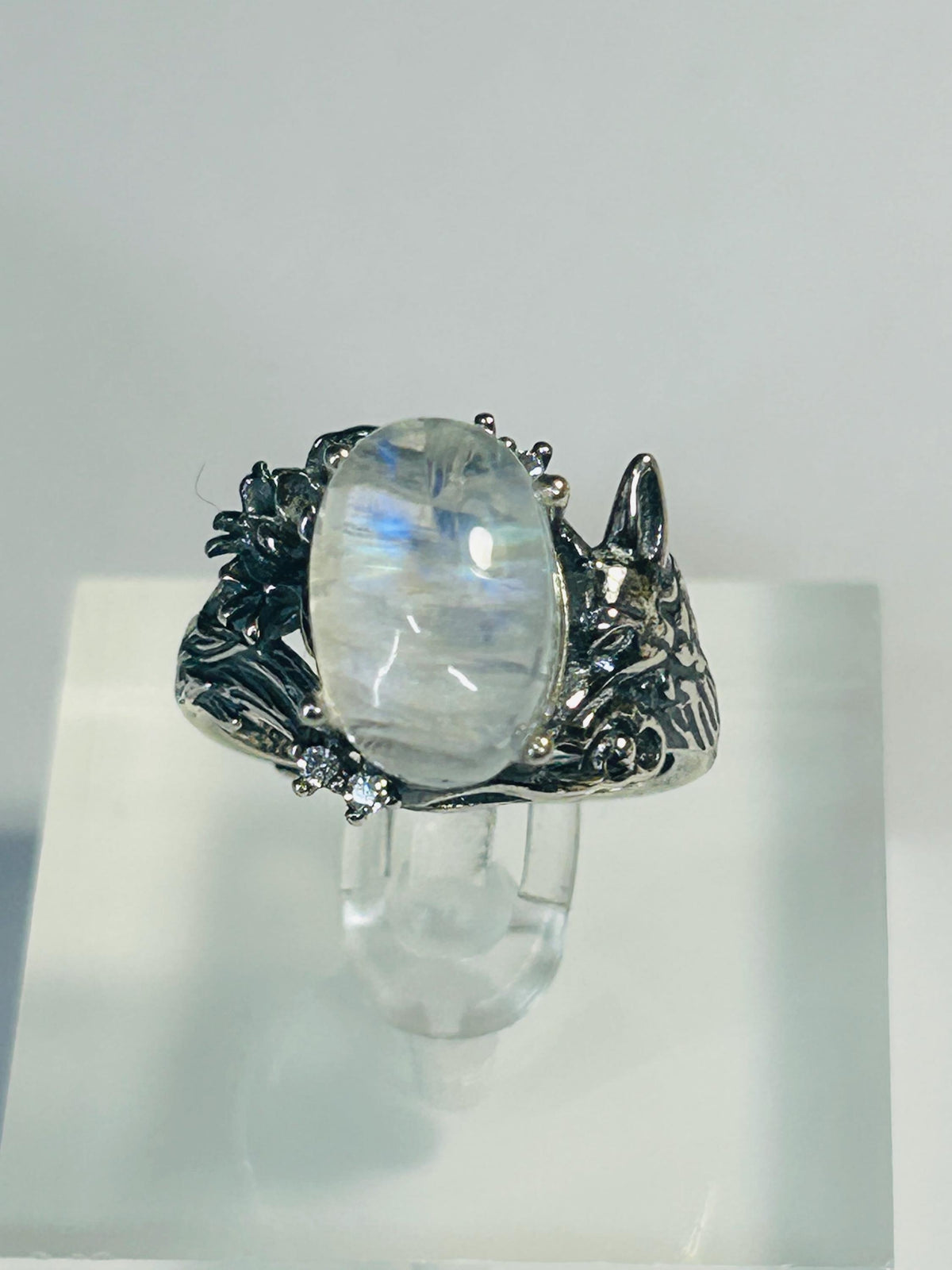 Whimsical Fox Ring with Moonstone in 925 Sterling Silver & Adjustable Band