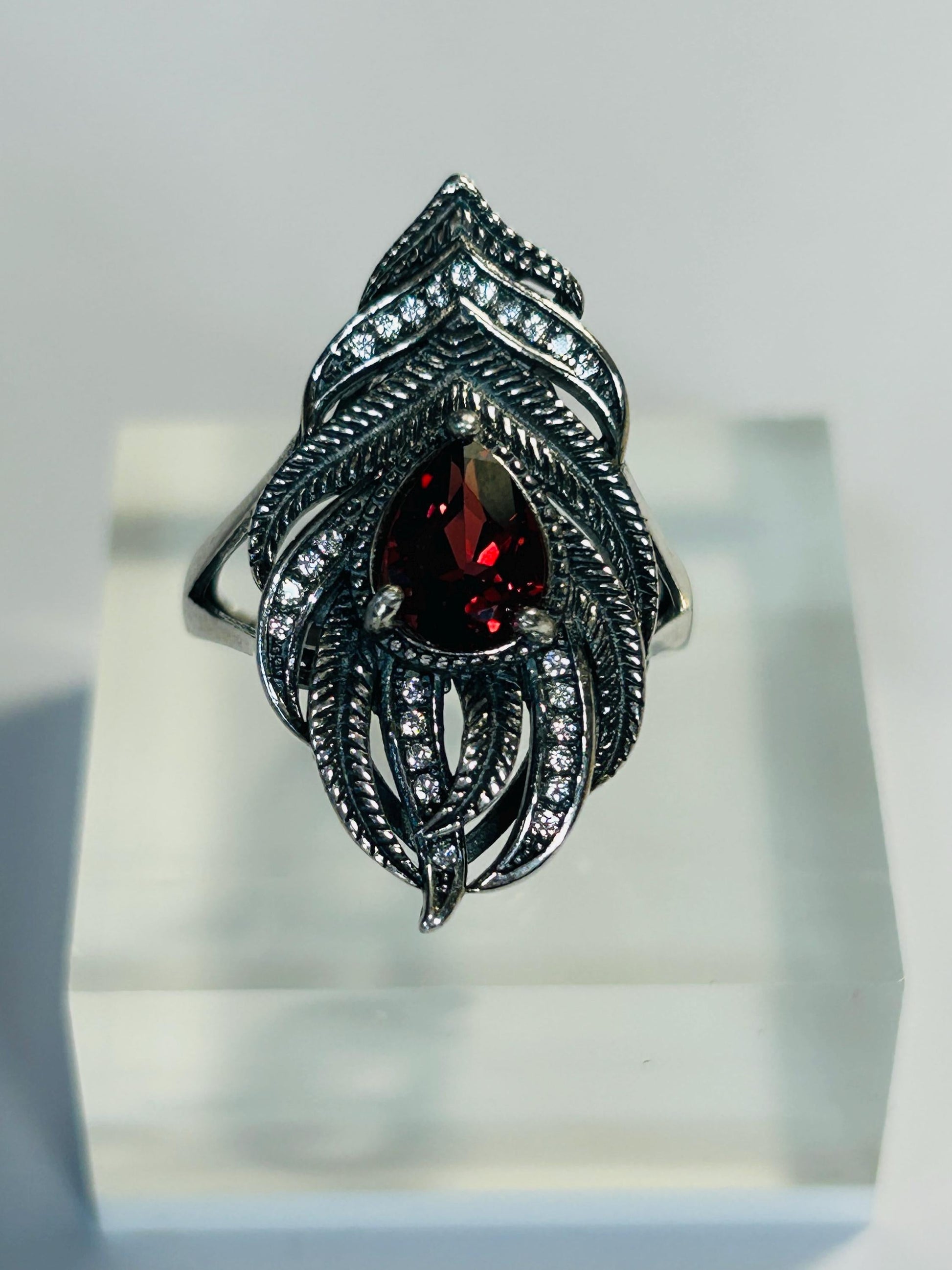 Peacock Feather Ring with Red Garnet in 925 Sterling Silver & Adjustable Band Celtic Dragon Jewellery