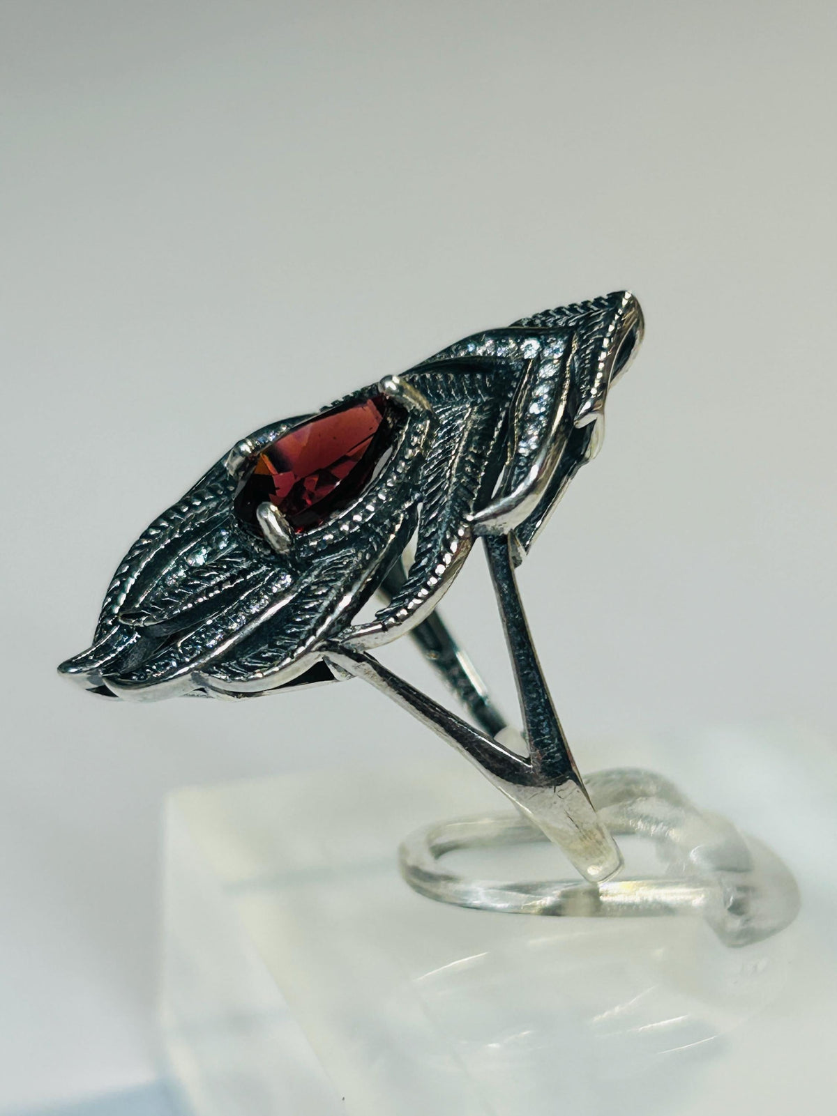 Peacock Feather Ring with Red Garnet in 925 Sterling Silver & Adjustable Band Celtic Dragon Jewellery