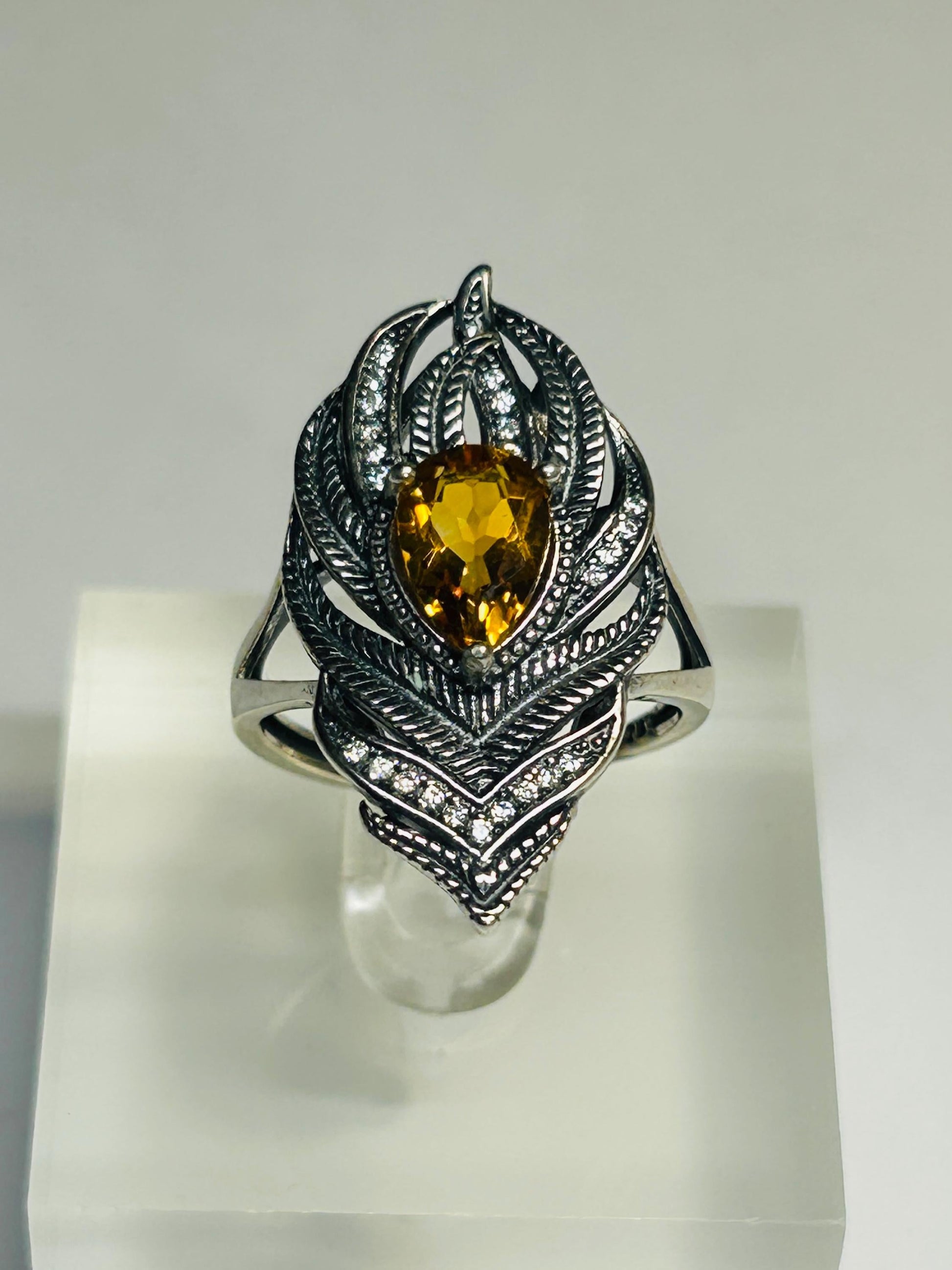 Peacock Feather Ring with Citrine in 925 Sterling Silver & Adjustable Band Celtic Dragon Jewellery