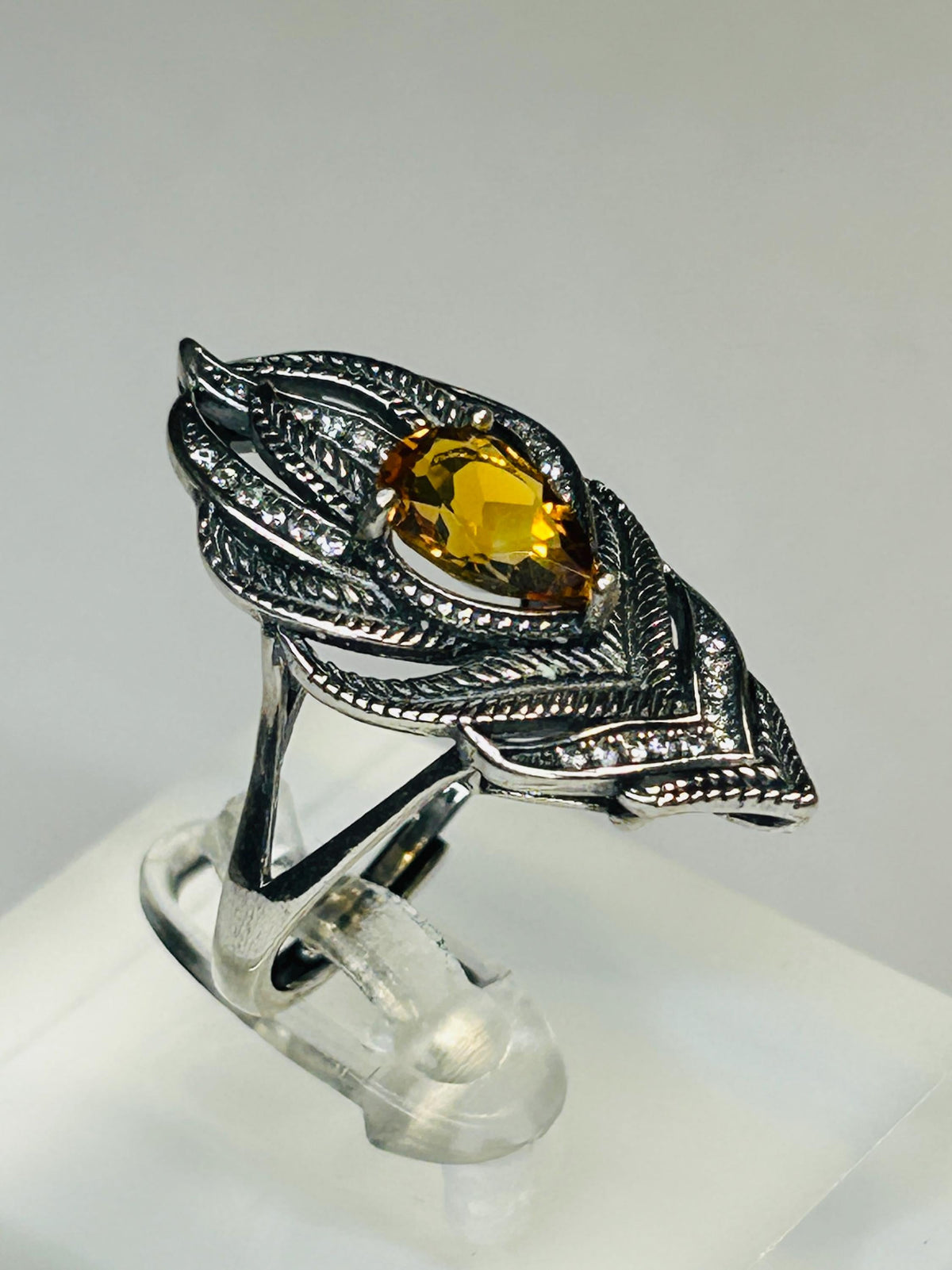 Peacock Feather Ring with Citrine in 925 Sterling Silver & Adjustable Band Celtic Dragon Jewellery