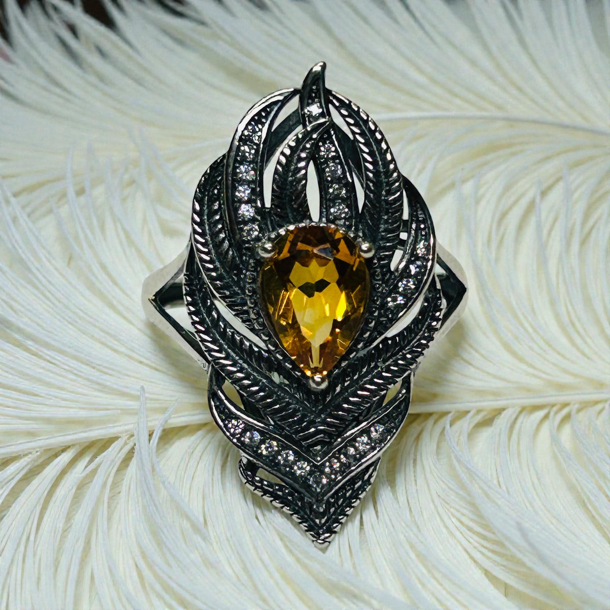 Peacock Feather Ring with Citrine in 925 Sterling Silver & Adjustable Band Celtic Dragon Jewellery
