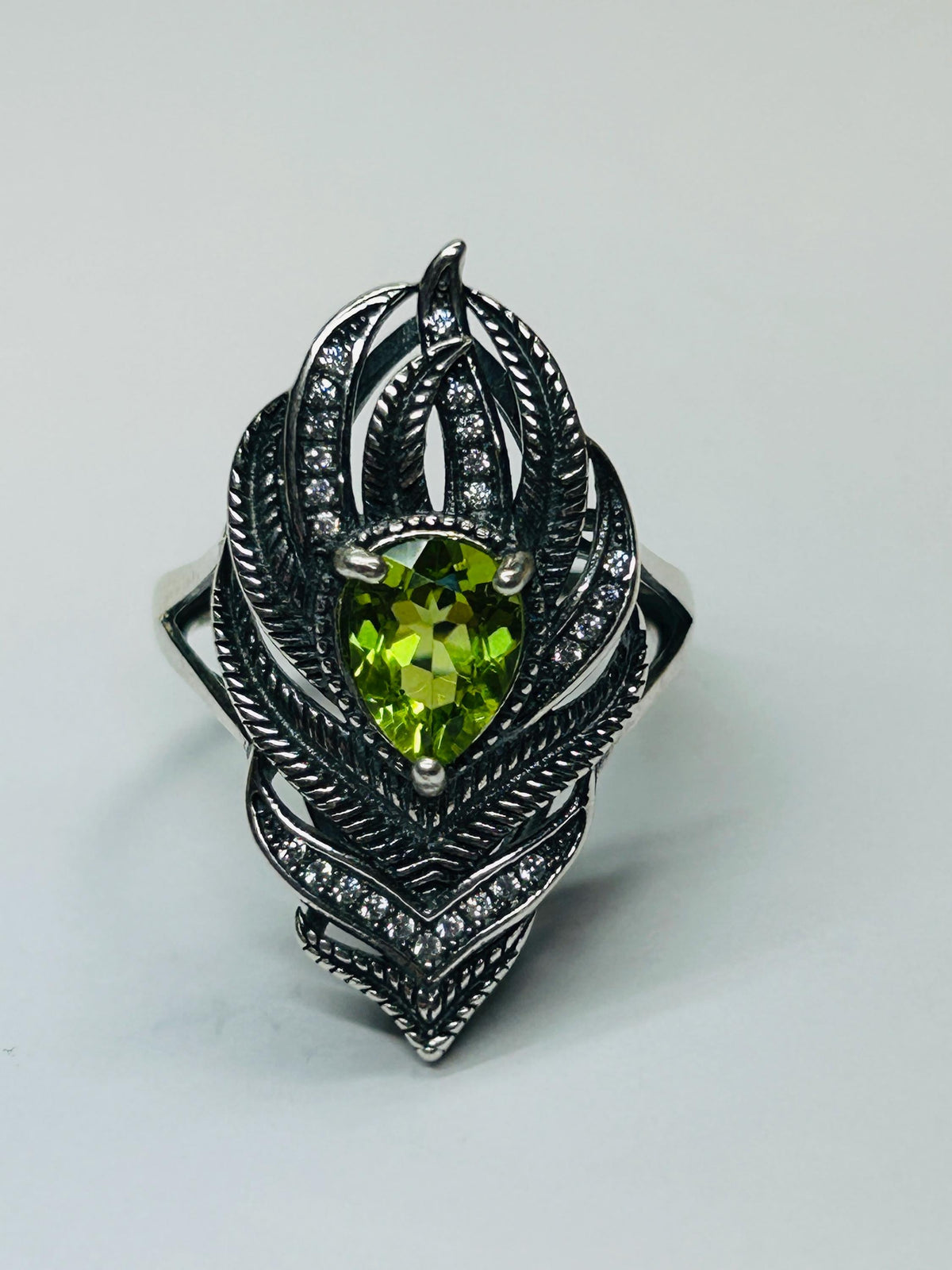 Peacock Feather Ring with Peridot in 925 Sterling Silver & Adjustable Band Celtic Dragon Jewellery