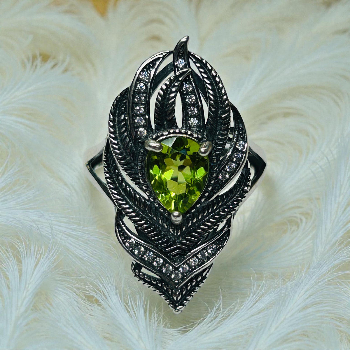 Peacock Feather Ring with Peridot in 925 Sterling Silver & Adjustable Band Celtic Dragon Jewellery