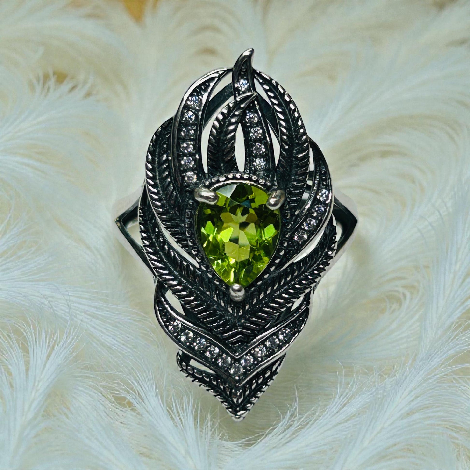 Peacock Feather Ring with Peridot in 925 Sterling Silver & Adjustable Band Celtic Dragon Jewellery