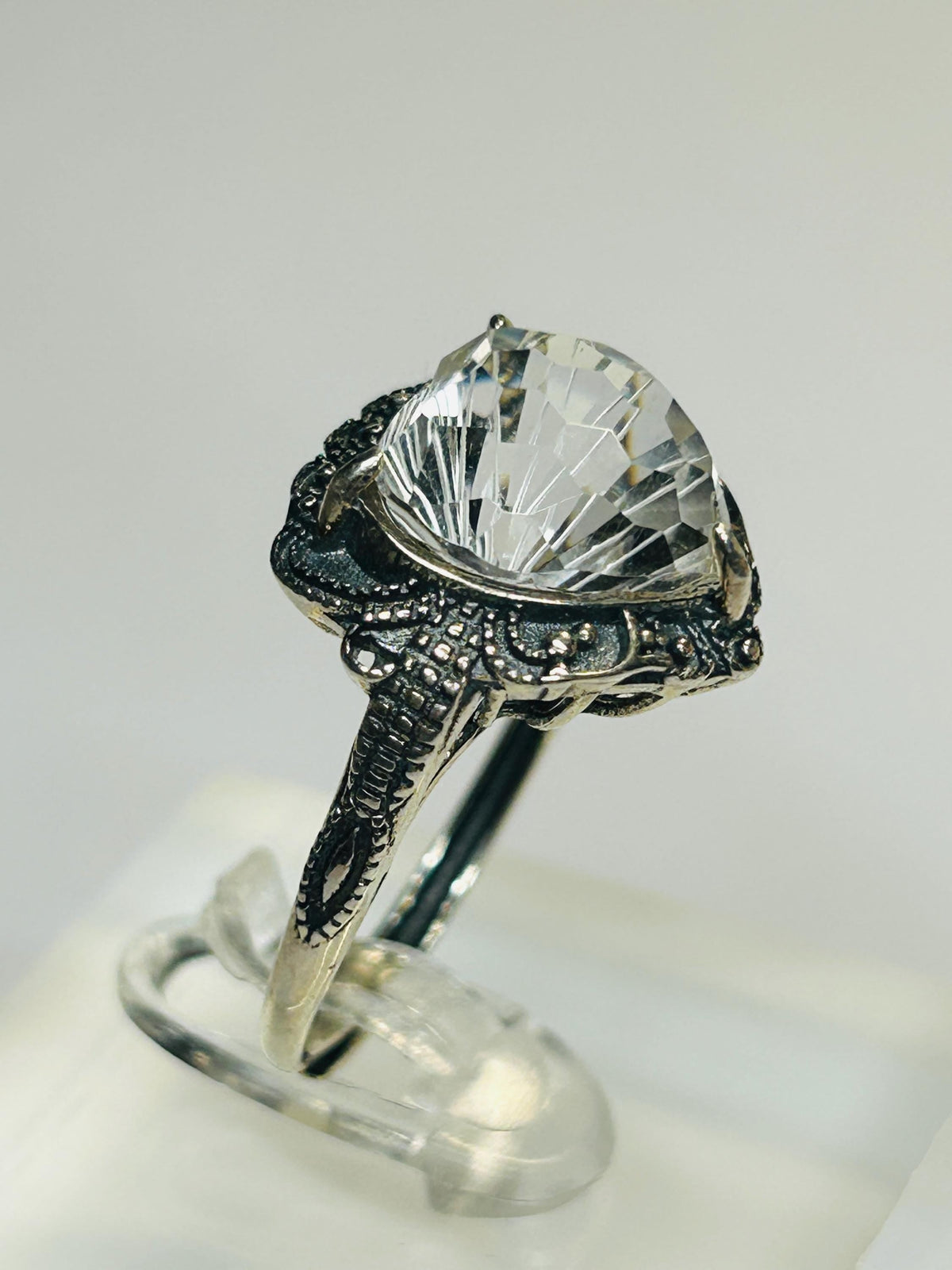 Clear Quartz Heart Ring - Checkerboard Cut in 925 Sterling Silver with Adjustable Band Celtic Dragon Jewellery