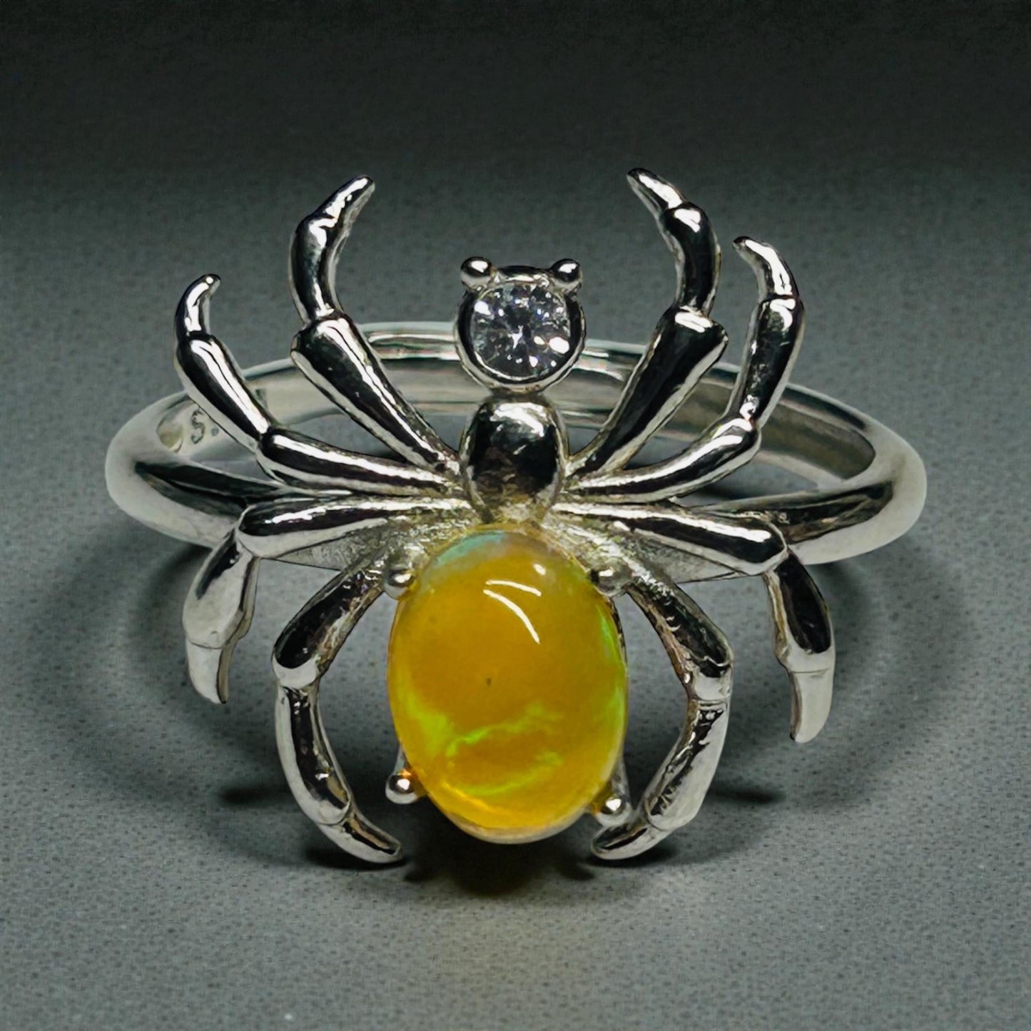 Spider Ring with Opal & CZ in 925 Sterling Silver - Adjustable Band Celtic Dragon Jewellery