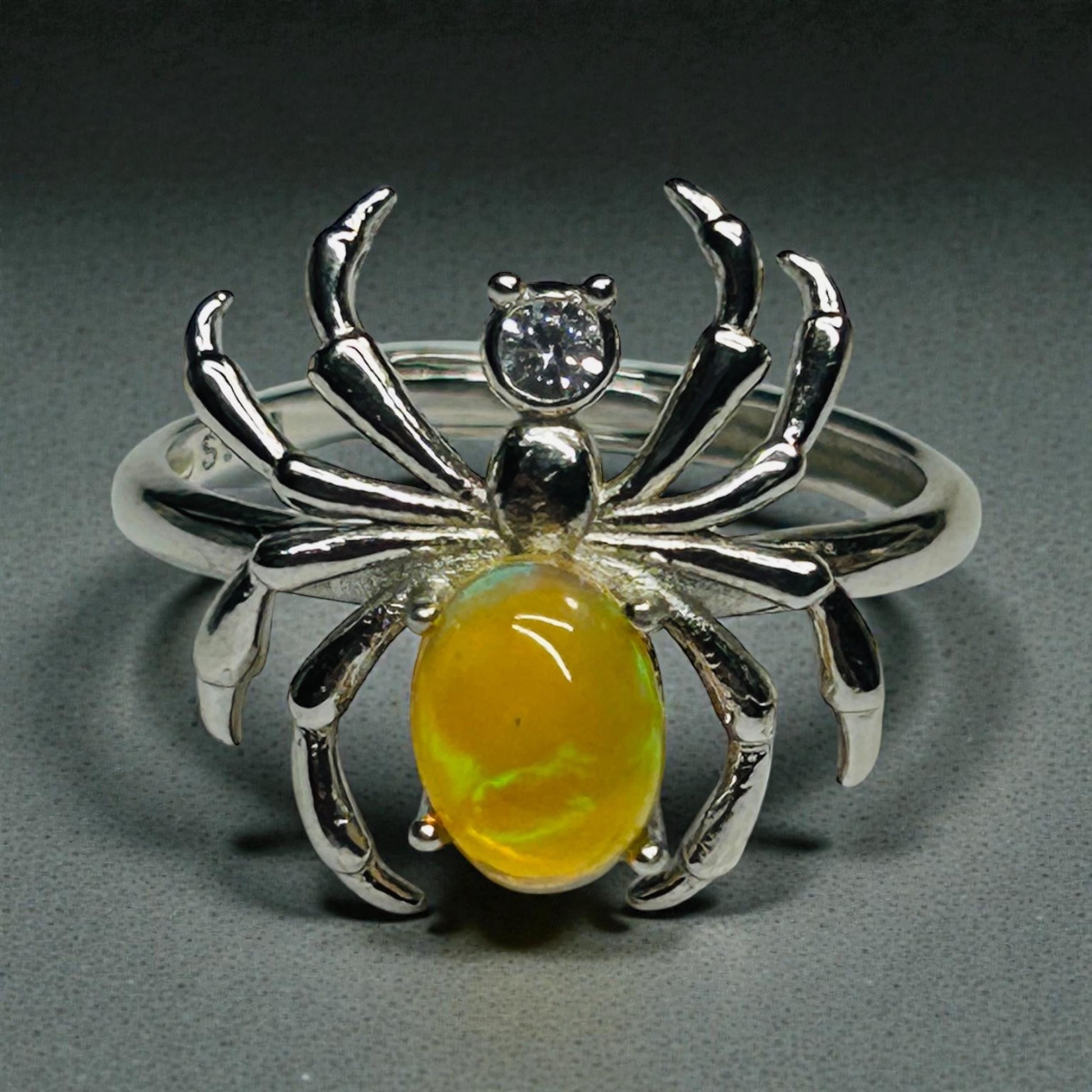 Spider Ring with Opal & CZ in 925 Sterling Silver - Adjustable Band Celtic Dragon Jewellery