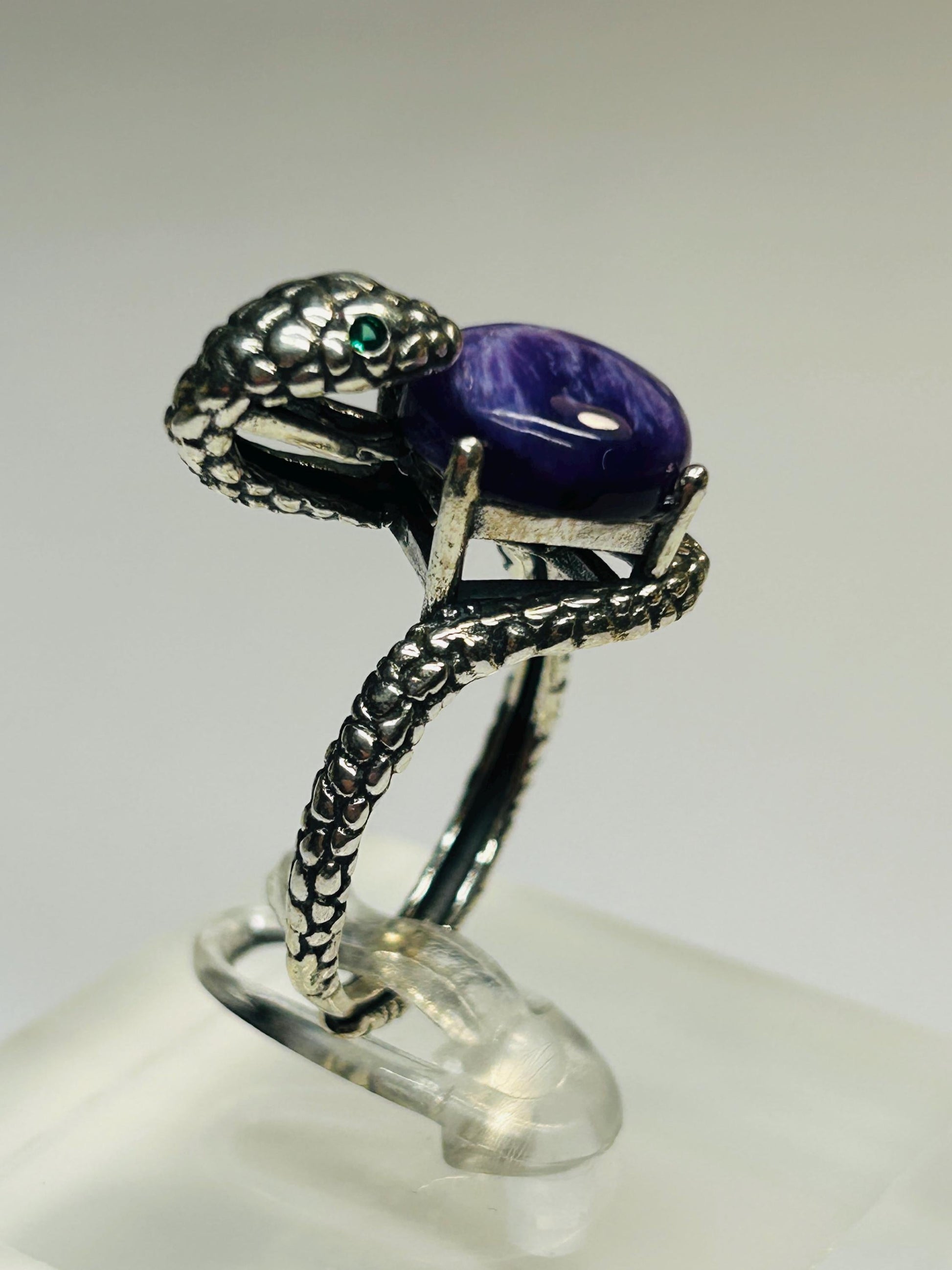 Snake Ring with Charoite in 925 Sterling Silver & Adjustable Band Celtic Dragon Jewellery