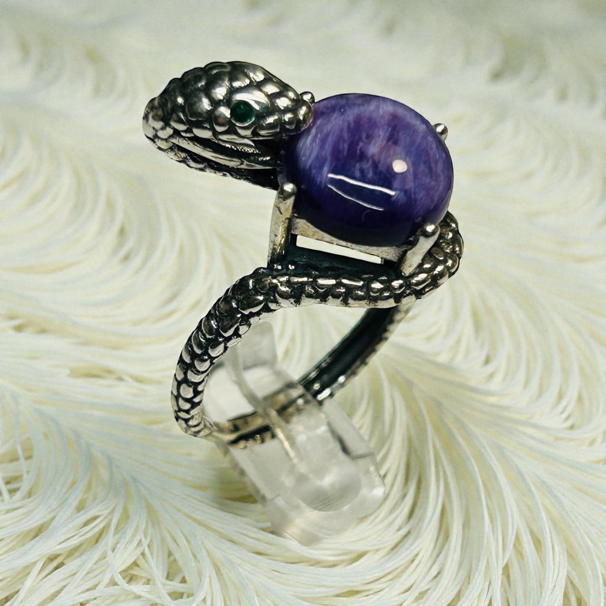 Snake Ring with Charoite in 925 Sterling Silver & Adjustable Band Celtic Dragon Jewellery