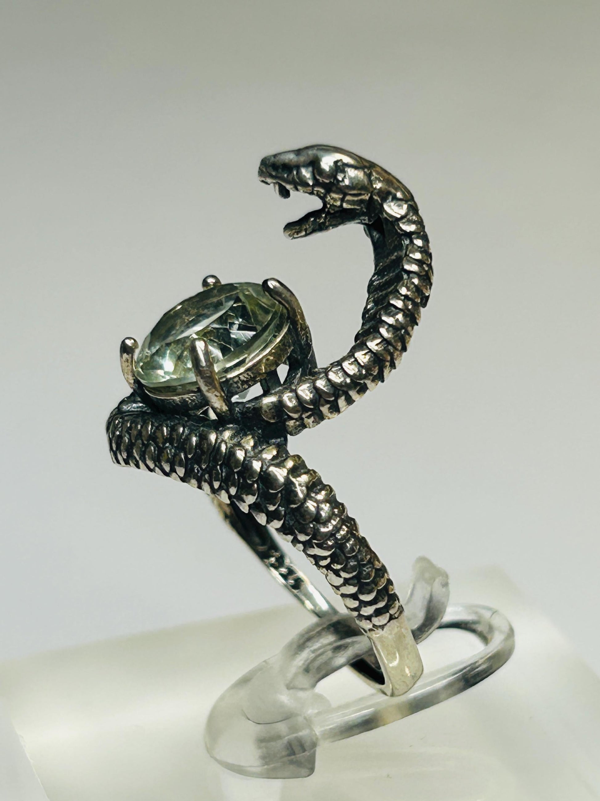 Cobra Snake Ring with Green Quartz in 925 Sterling Silver & Adjustable Band Celtic Dragon Jewellery