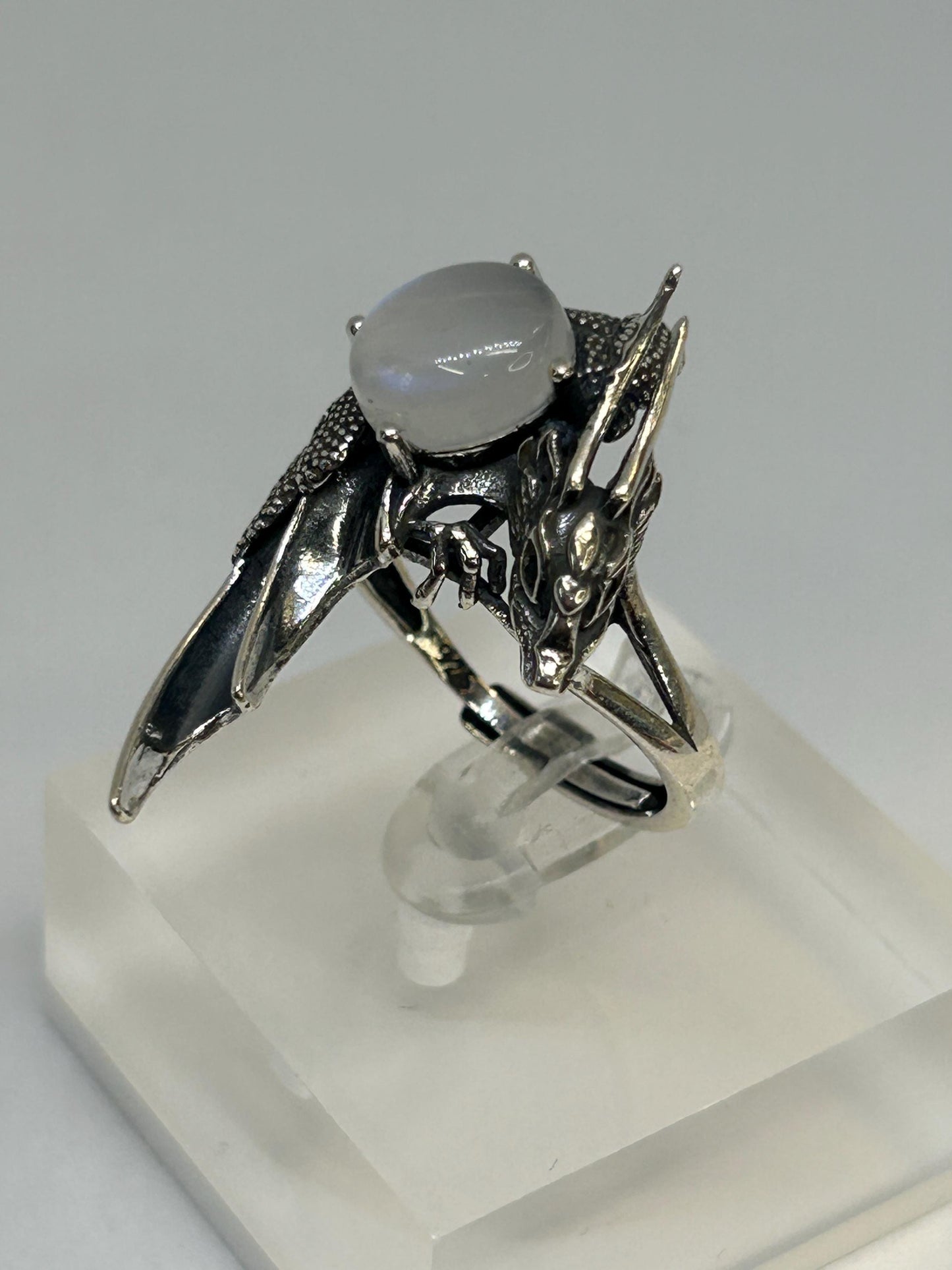 Dragon Ring with Moonstone, 925 Sterling Silver - Adjustable Gothic Statement Jewellery Celtic Dragon Jewellery