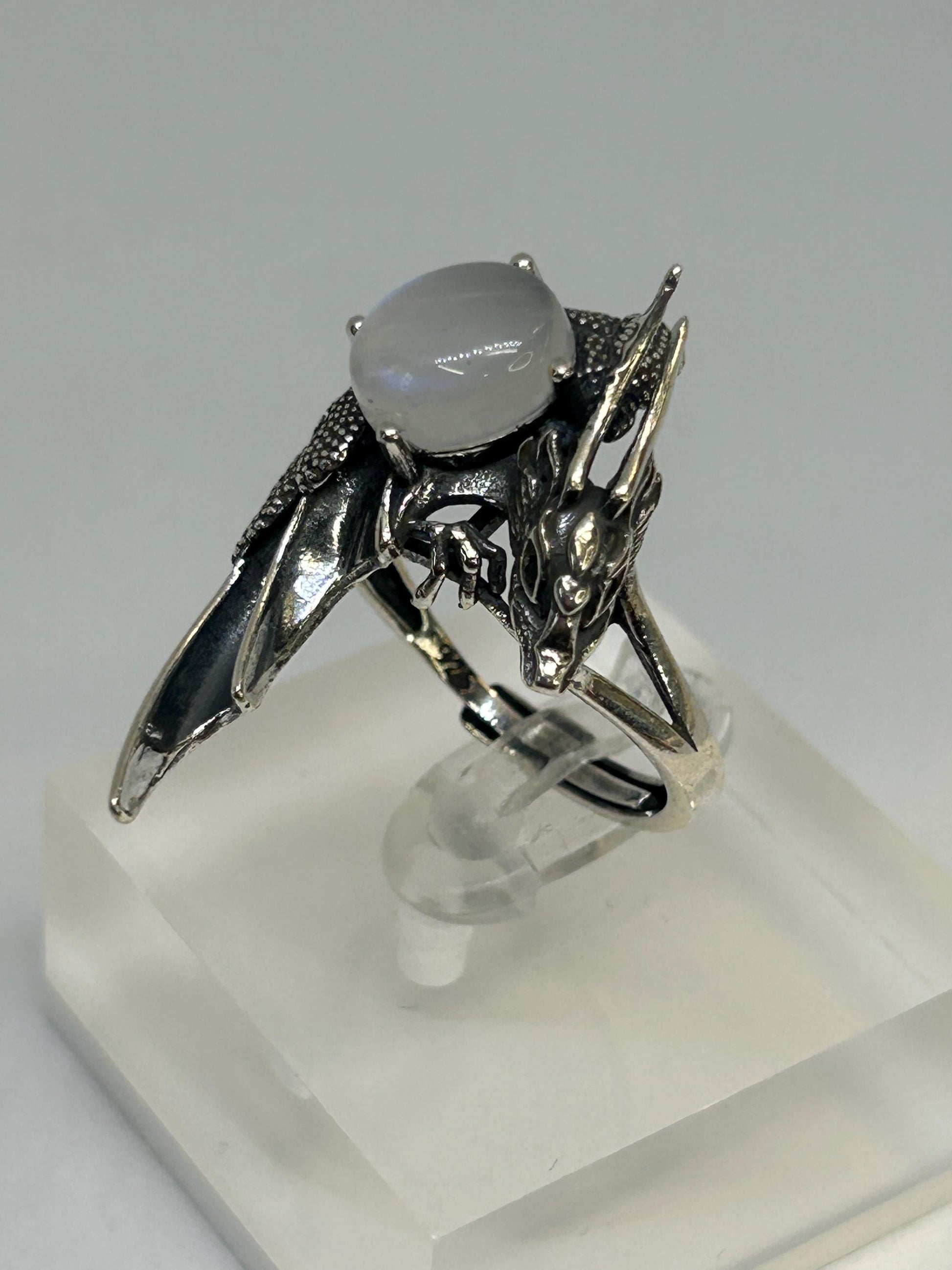 Dragon Ring with Moonstone, 925 Sterling Silver - Adjustable Gothic Statement Jewellery Celtic Dragon Jewellery