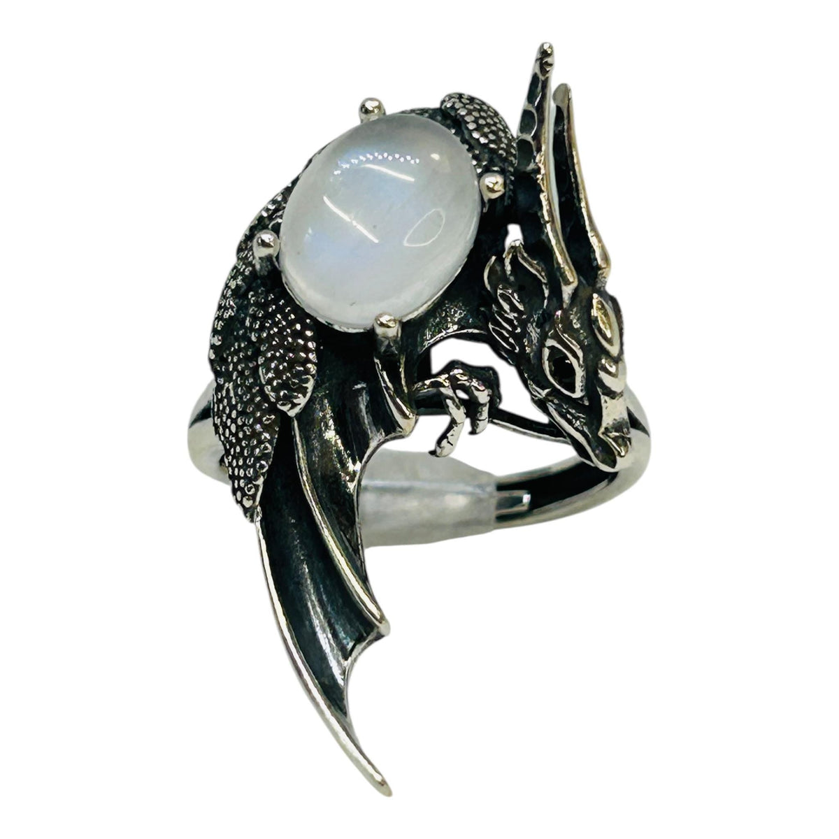 Dragon Ring with Moonstone, 925 Sterling Silver - Adjustable Gothic Statement Jewellery Celtic Dragon Jewellery