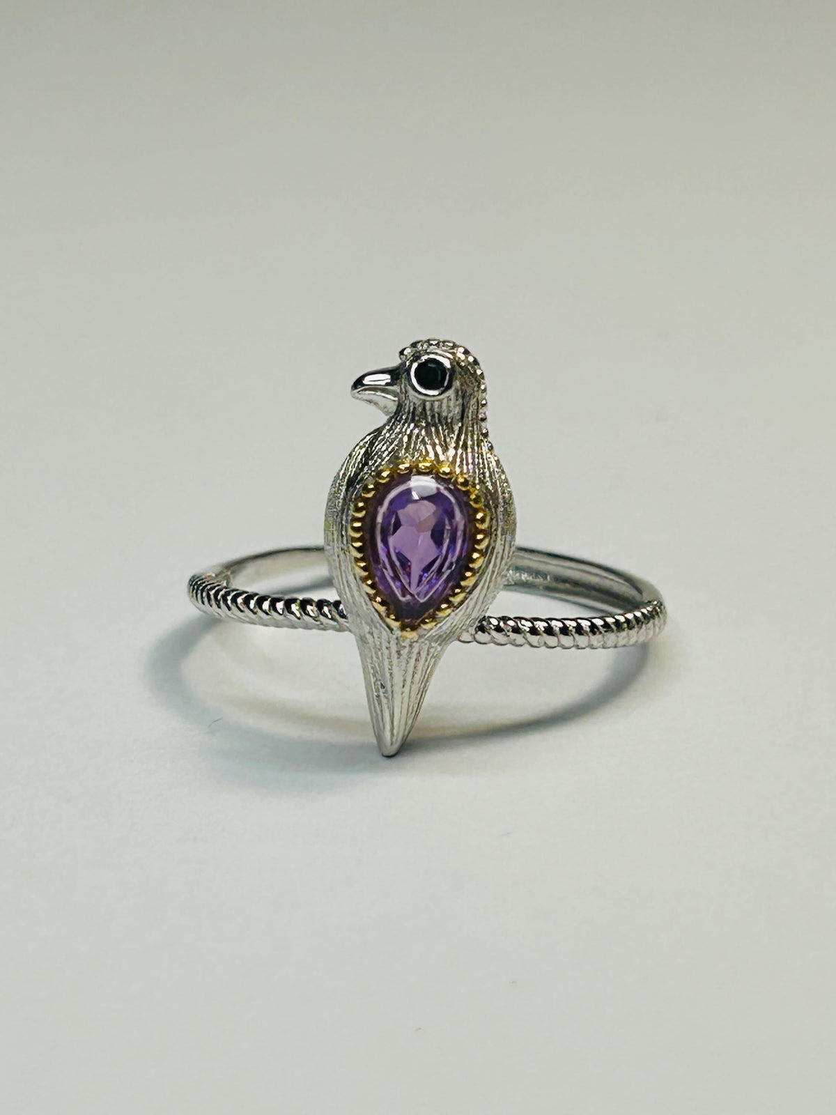 Dainty Bird Ring With Amethyst in 925 Sterling Silver & Adjustable Band Celtic Dragon Jewellery