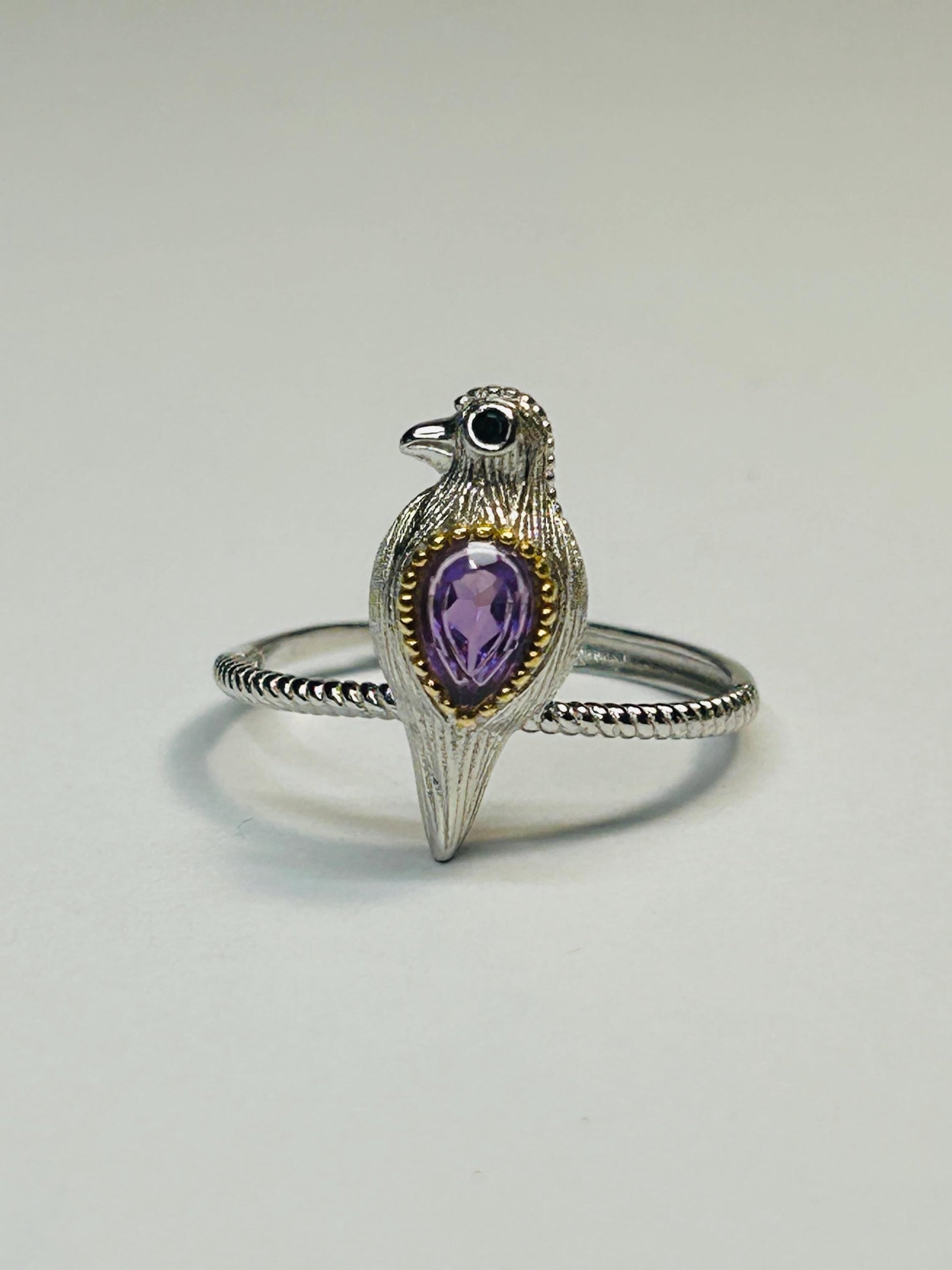 Dainty Bird Ring With Amethyst in 925 Sterling Silver & Adjustable Band Celtic Dragon Jewellery