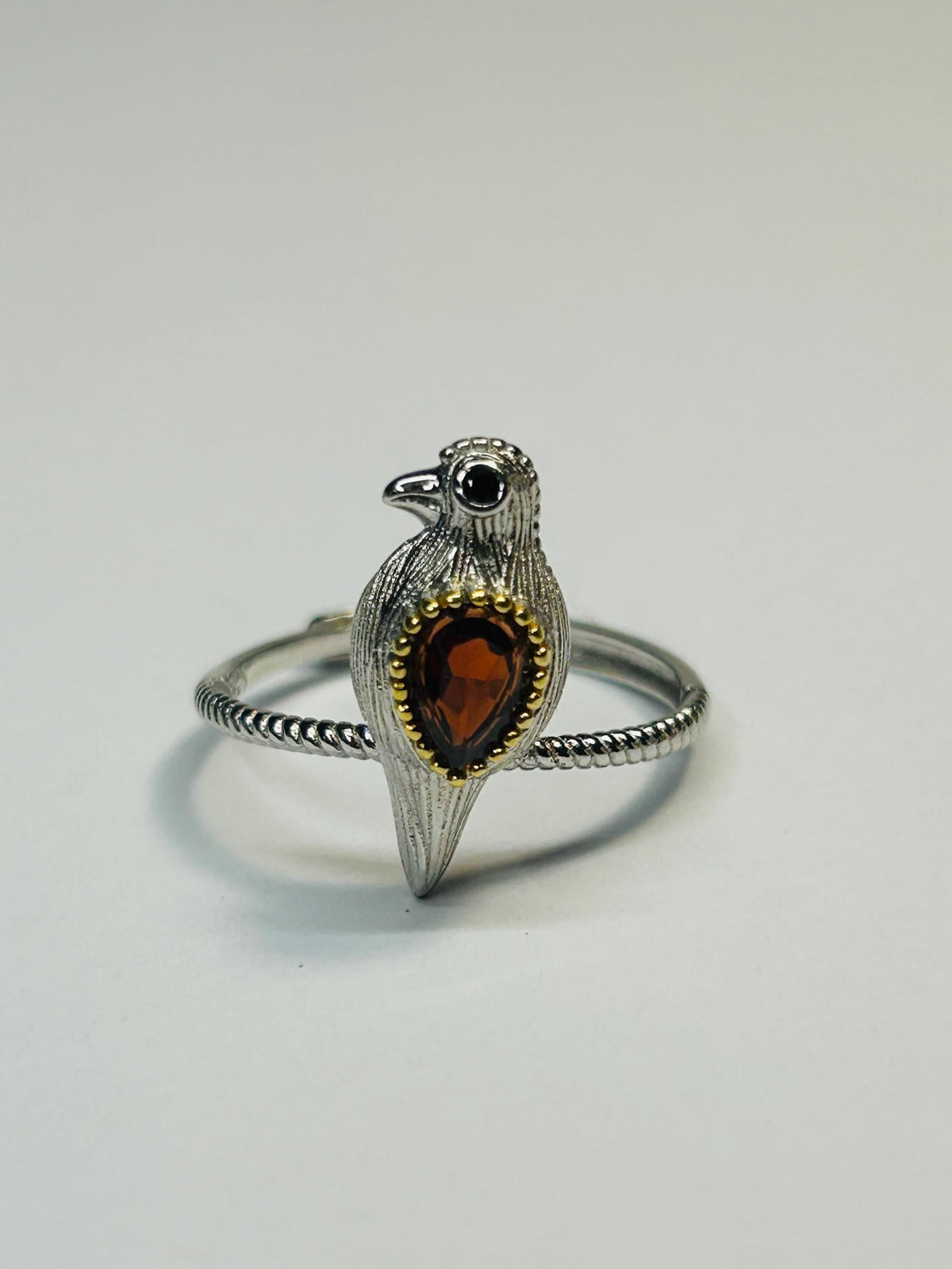 Dainty Bird Ring With Garnet in 925 Sterling Silver & Adjustable Band Celtic Dragon Jewellery
