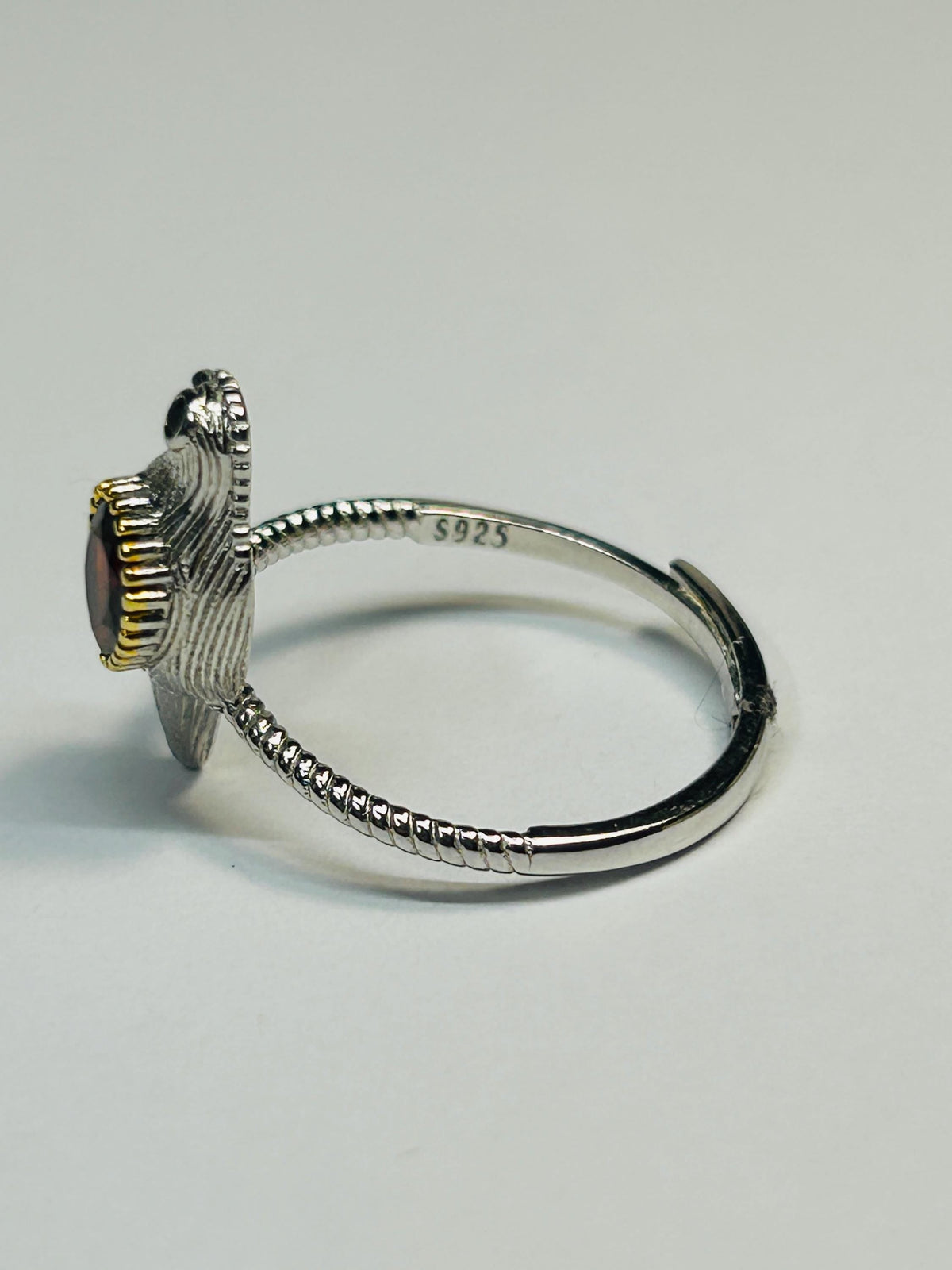 Dainty Bird Ring With Garnet in 925 Sterling Silver & Adjustable Band Celtic Dragon Jewellery