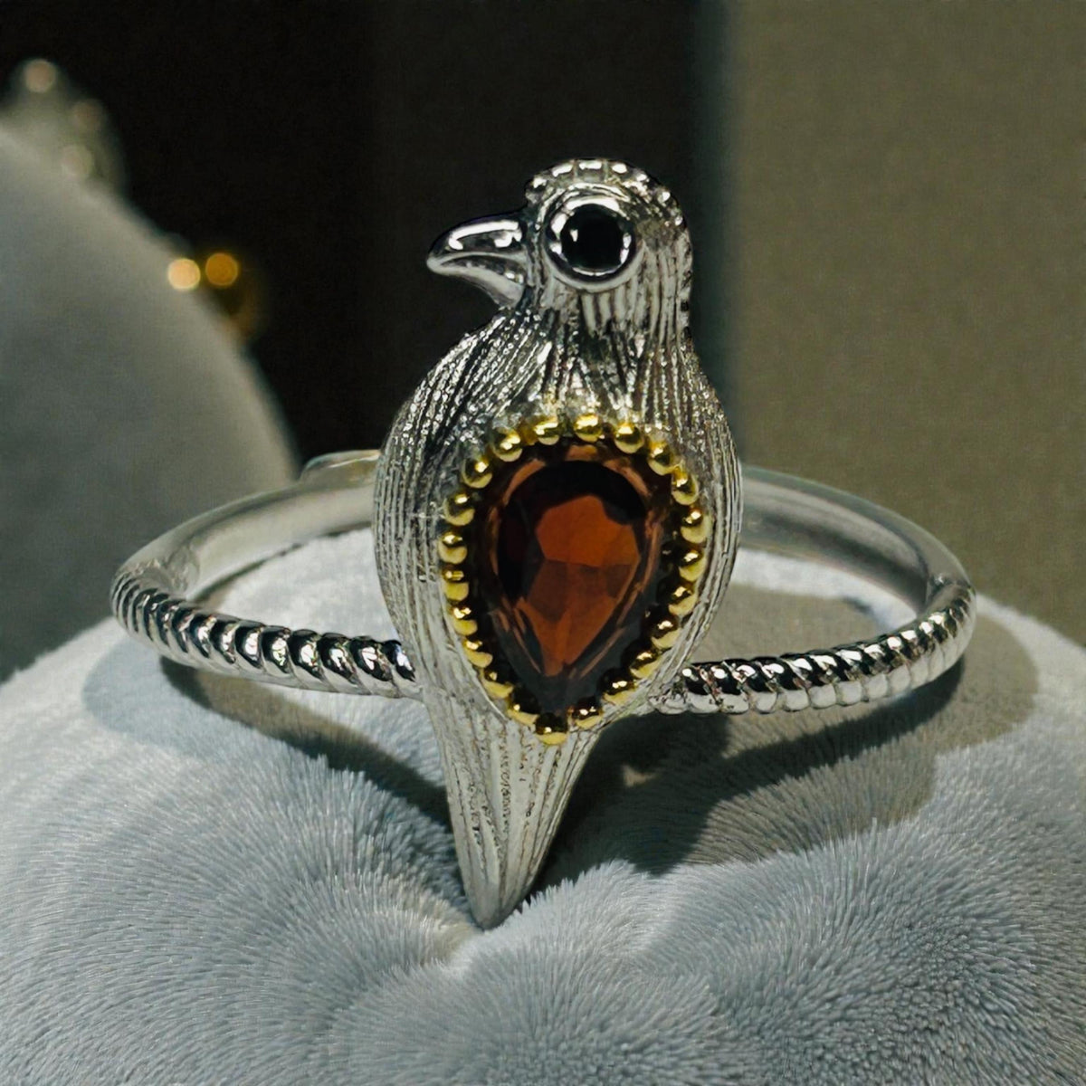 Dainty Bird Ring With Garnet in 925 Sterling Silver & Adjustable Band