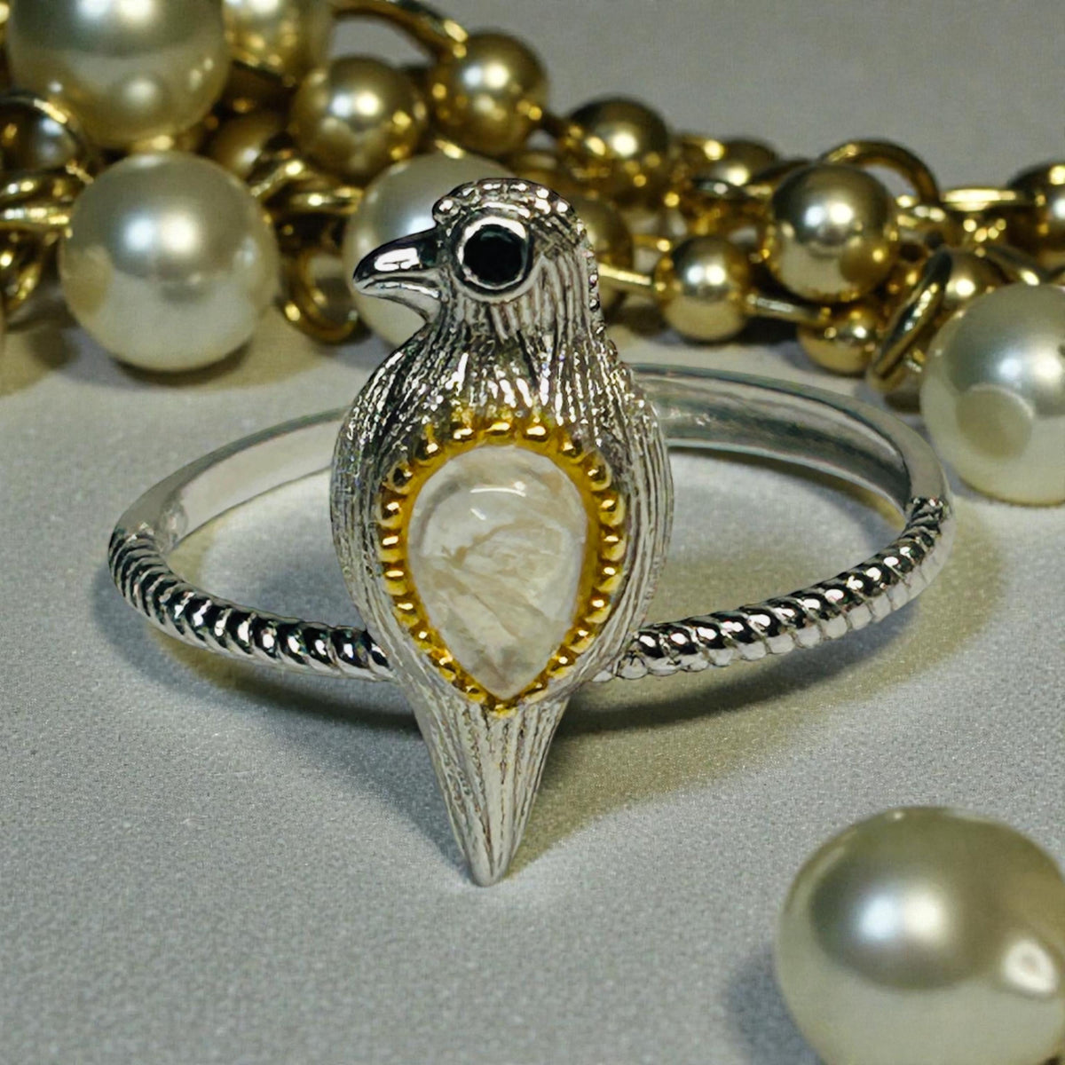 Dainty Bird Ring With Moonstone in 925 Sterling Silver & Adjustable Band
